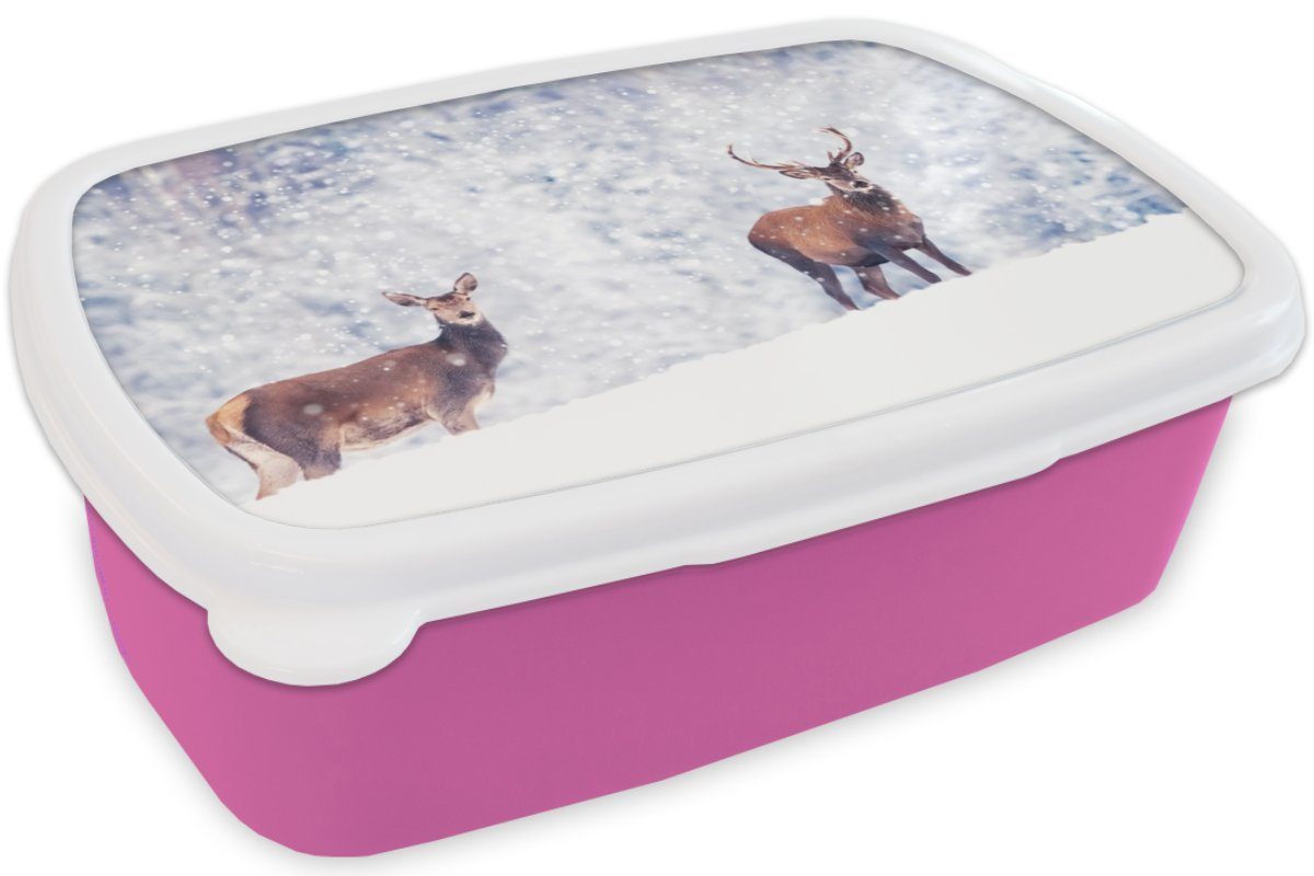 MuchoWow Lunchbox Kunststoff Tiere Schnee, - - (2-tlg), für Brotdose Mädchen, Snackbox, Kunststoff, Brotbox rosa Erwachsene, Kinder, Hirsche