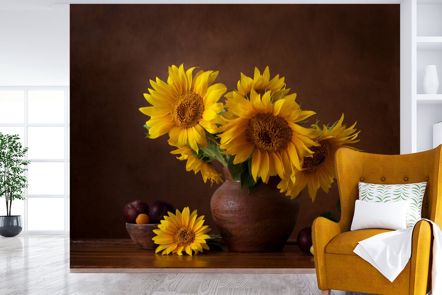 Sonnenblumen Vinyl Stilleben, Wandtapete bedruckt, (5 MuchoWow Wohnzimmer, - für Vase Fototapete Montagefertig Tapete Matt, St), -