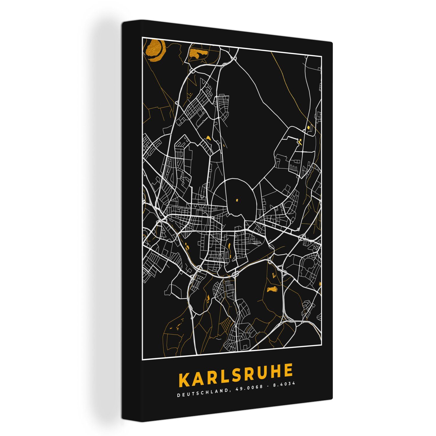 OneMillionCanvasses® Leinwandbild Karlsruhe - Gold - Stadtplan - Karte - Deutschland, (1 St), Leinwandbild fertig bespannt inkl. Zackenaufhänger, Gemälde, 20x30 cm