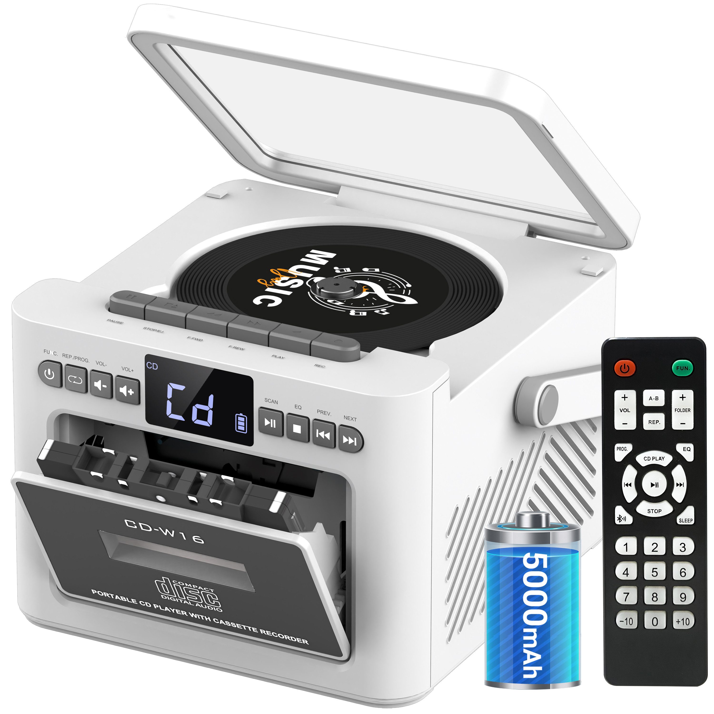Greadio W16 Tragbarer CD-Player Kassettenrekorder mit Bluetooth 5.1 FM Radio CD-Player (Bluetooth)