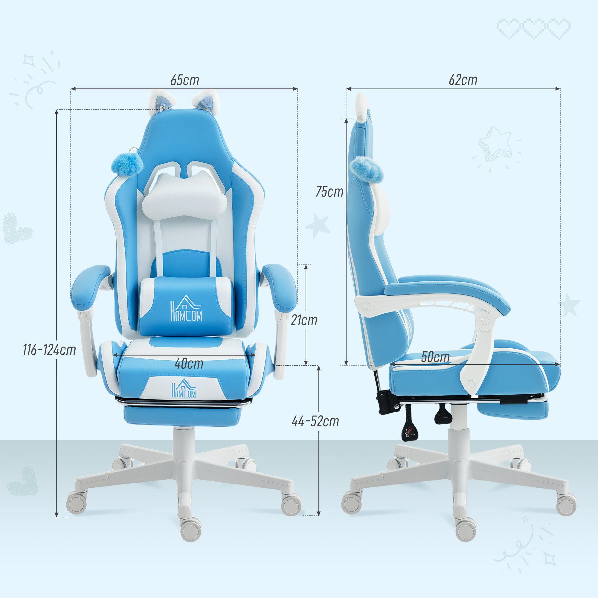 HOMCOM Gaming-Stuhl Gamer-Stuhl mit Lendenwirbelstütze, Bürostuhl mit Liegefunktion (Set, 1 St), Gaming-Stuhl mit Katzenohren