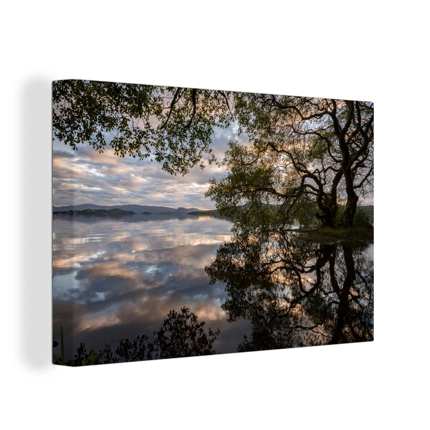OneMillionCanvasses® Leinwandbild Spiegelung eines Baumes im Loch Lomond and the Trossachs National Park, (1 St), Wandbild Leinwandbilder, Aufhängefertig, Wanddeko, 30x20 cm