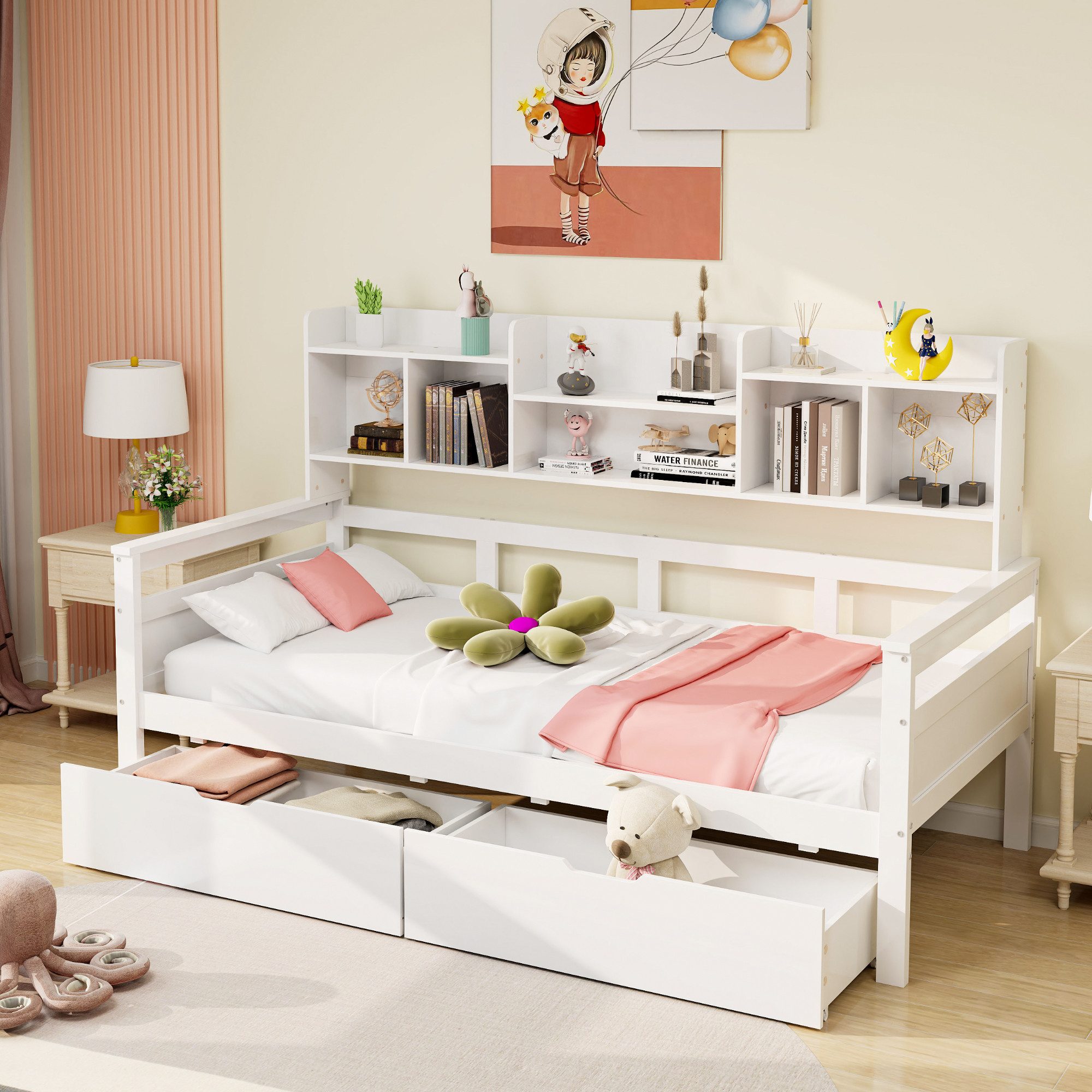 OKWISH Schlafsofa Kinderbett Einzelbett Holzbett, Schubladen und Regale, Lattenrost, Jugendbett, Einzelbett, Massivholzbett, ohne Matratze