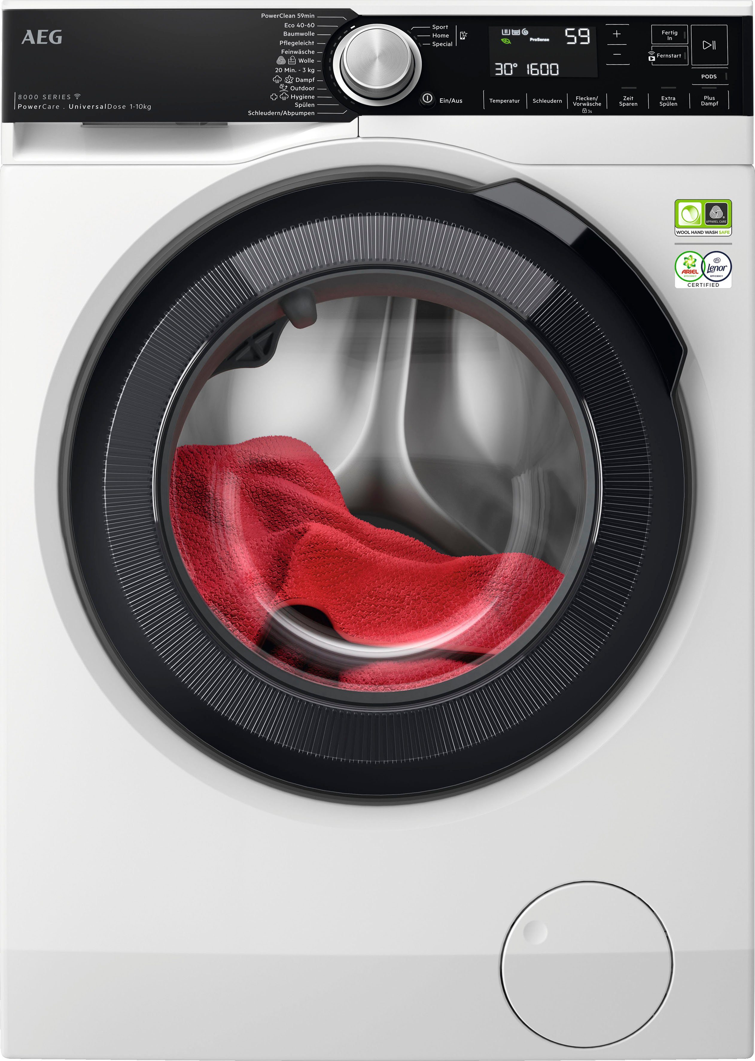 Waschmaschine 30 10 °C U/min, Min. & Fleckenentfernung 1600 PowerClean AEG 8000 914501331, nur - in LR8E80600 59 kg, bei Wifi