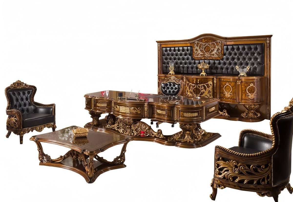 Xlmoebel Büromöbel-Set XLMOEBEL Art déco Büromöbel-Set in Leder und Holz, komfortabel, (6-tlg), Made in Europa
