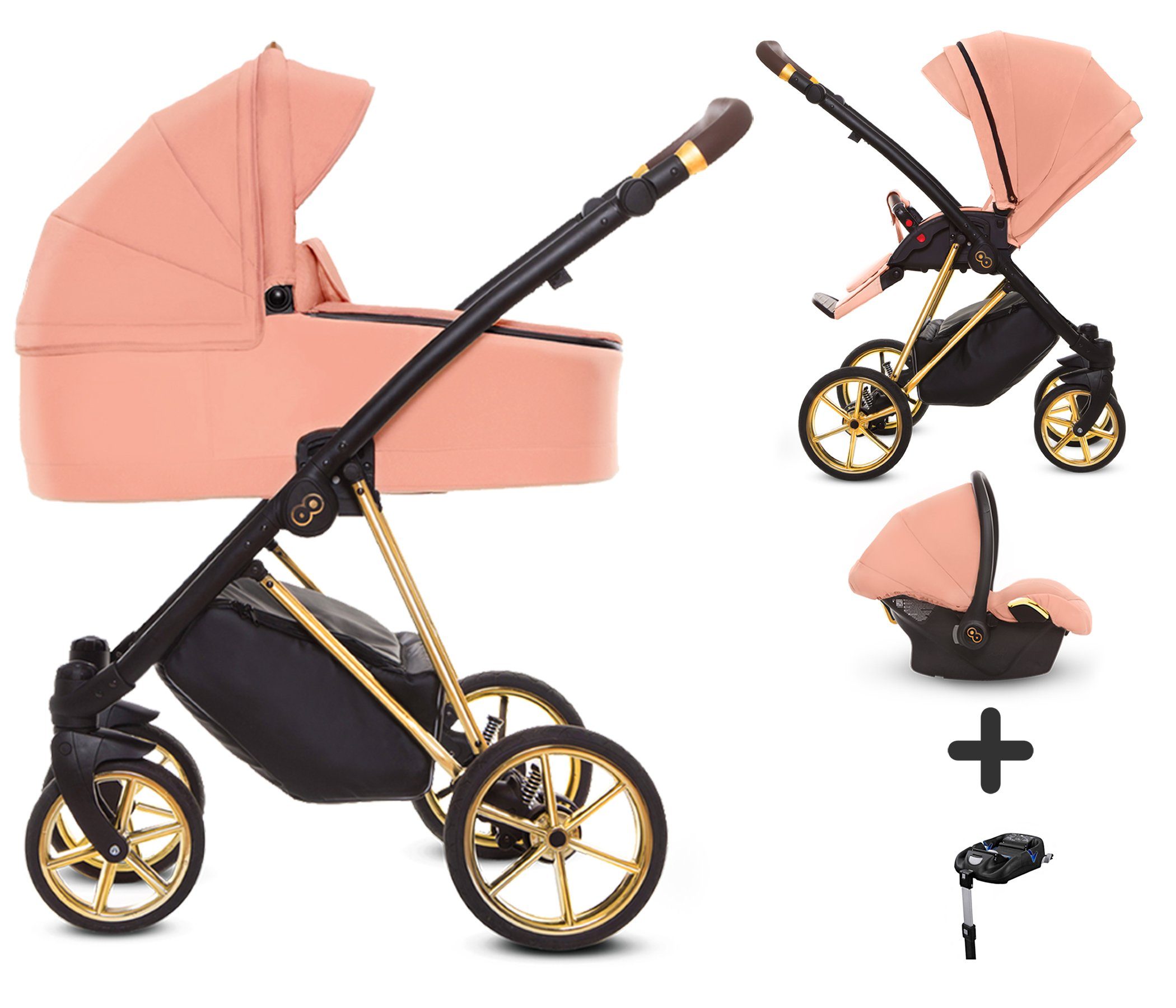 TPFLiving Kombi-Kinderwagen 4 in 1 Musse Ultra, Baby Buggy Babywanne Autositz Isofix, großes Zubehör-Set Kinderwagen 4 in 1 Stoff Apricot, Gestell Gold Apricot | Gestell Gold