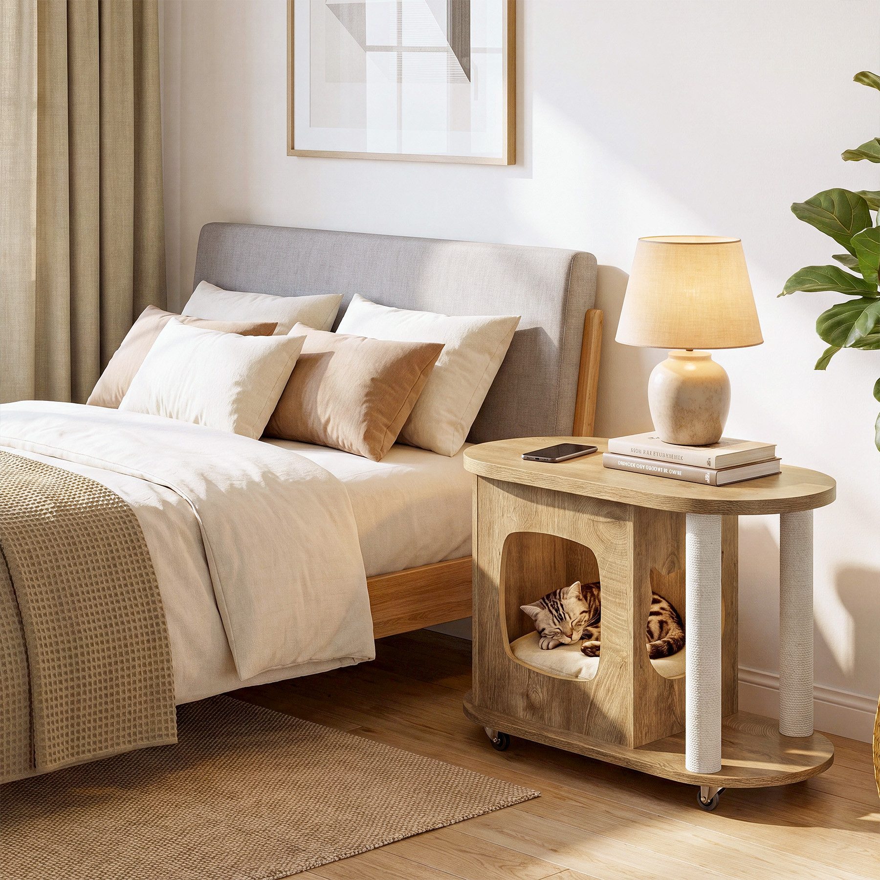 Tribesigns Beistelltisch mit Kratzbaum und Katzenbett, Katzenhaus mit 360° drehbaren Rollen (multifunktionaler Beistelltisch aus Holz für Wohnungskatzen, Wohnzi – Bild 2 von 5