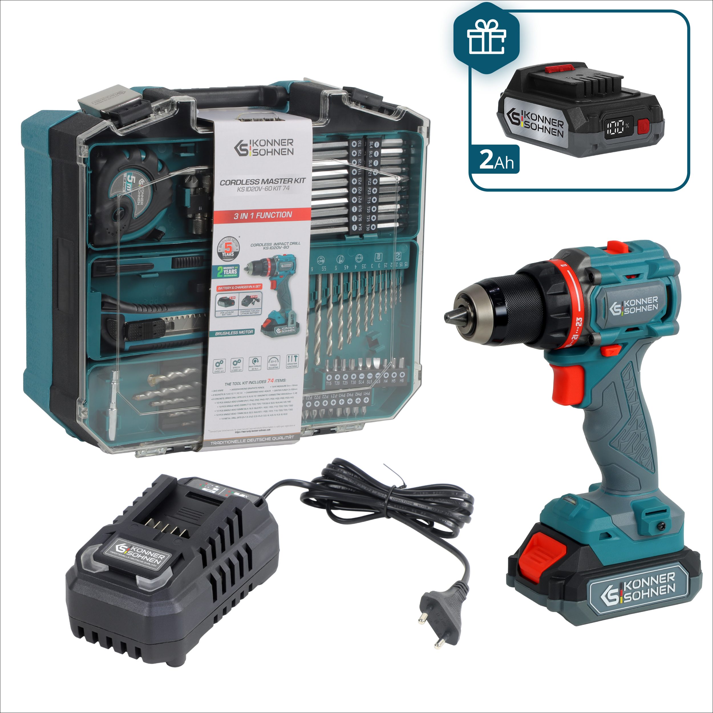 Könner & Söhnen Akku-Schlagbohrschrauber KS ID20V-60 KIT 74 PLUS, (Meister-Set mit Schlagbohrer, 2 Akkus, 74-tlg. Zubehör & Koffer, 1-tlg., Inklusive zusätzlichem 2Ah Akku als Geschenk & Schnellladegerät), Bürstenloser Motor 60Nm, Schlagfunktion, Metall-Bohrfutter