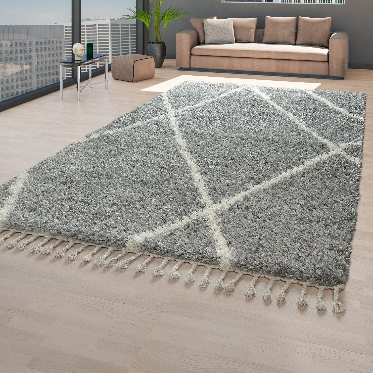 rechteckig, Hochflor-Teppich 44 Wohnzimmer Home, Hochflor Höhe: Grau Teppich mm Shaggy Weich, TT