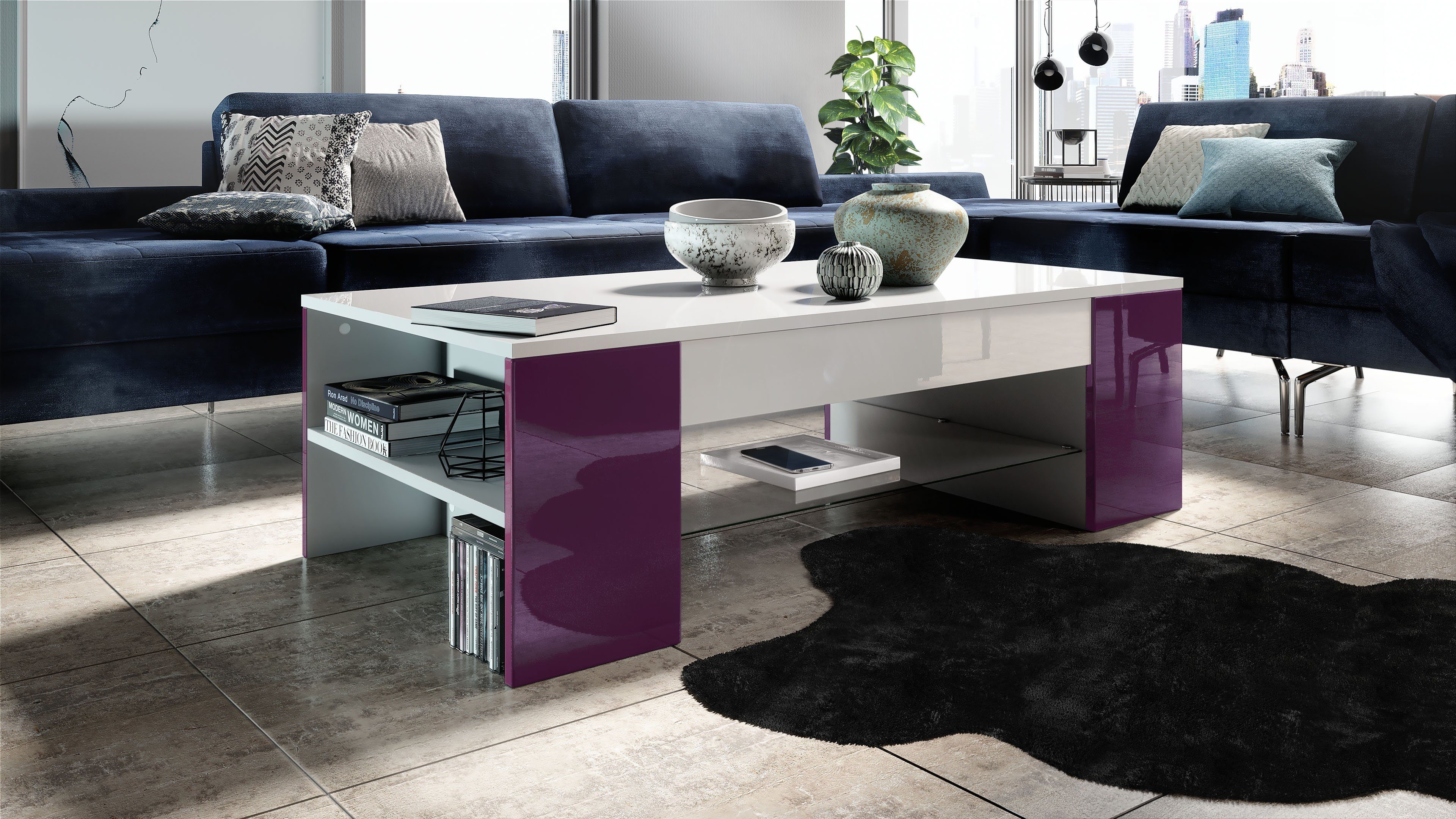 Vladon Couchtisch Clip (Wohnzimmertisch, mit 2 Seitenfächern und 1 Glasplat günstig online kaufen