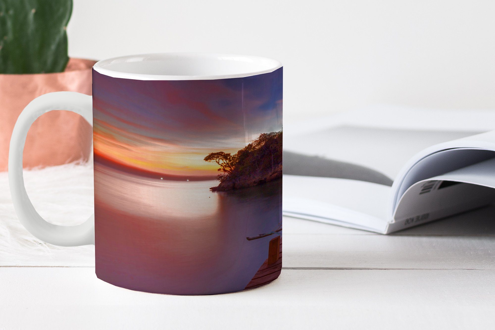 - Insel, Tasse Becher, Teetasse, Keramik, - Geschenk Sonnenuntergang Brücke Wasser - Teetasse, Bäume Kaffeetassen, - MuchoWow