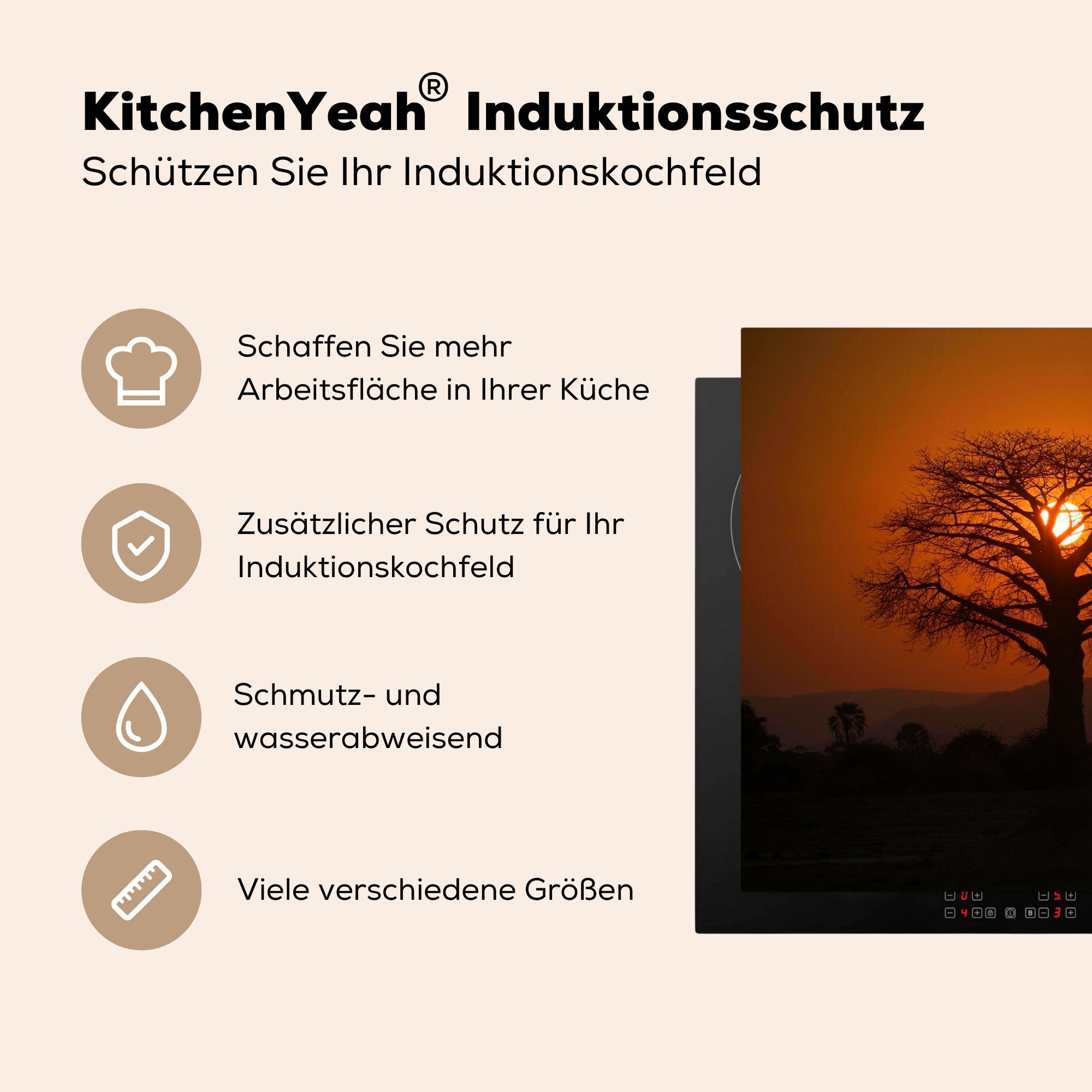 Sonnenuntergang Induktionskochfeld die MuchoWow 81x52 im küche, für Vinyl, Ceranfeldabdeckung Baobab-Baum Herdblende-/Abdeckplatte cm, Schutz Zambezi, (1 tlg), Oranger hinter einem Lower