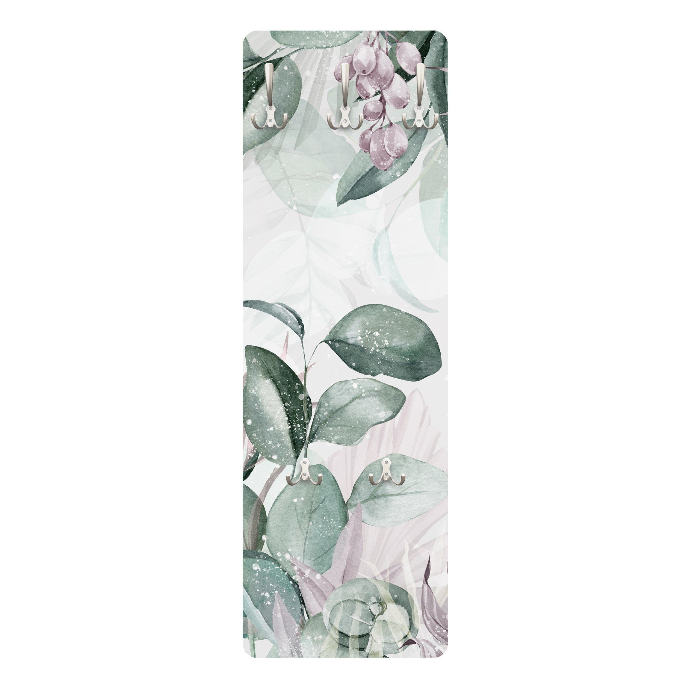 Bilderdepot24 Garderobenpaneel grün Aquarell Blumen Botanik Tropisch Botanik in Pastell Grün & Rosa (ausgefallenes Flur Wandpaneel mit Garderobenhaken Kleiderhaken hängend), moderne Wandgarderobe - Flurgarderobe im schmalen Hakenpaneel Design