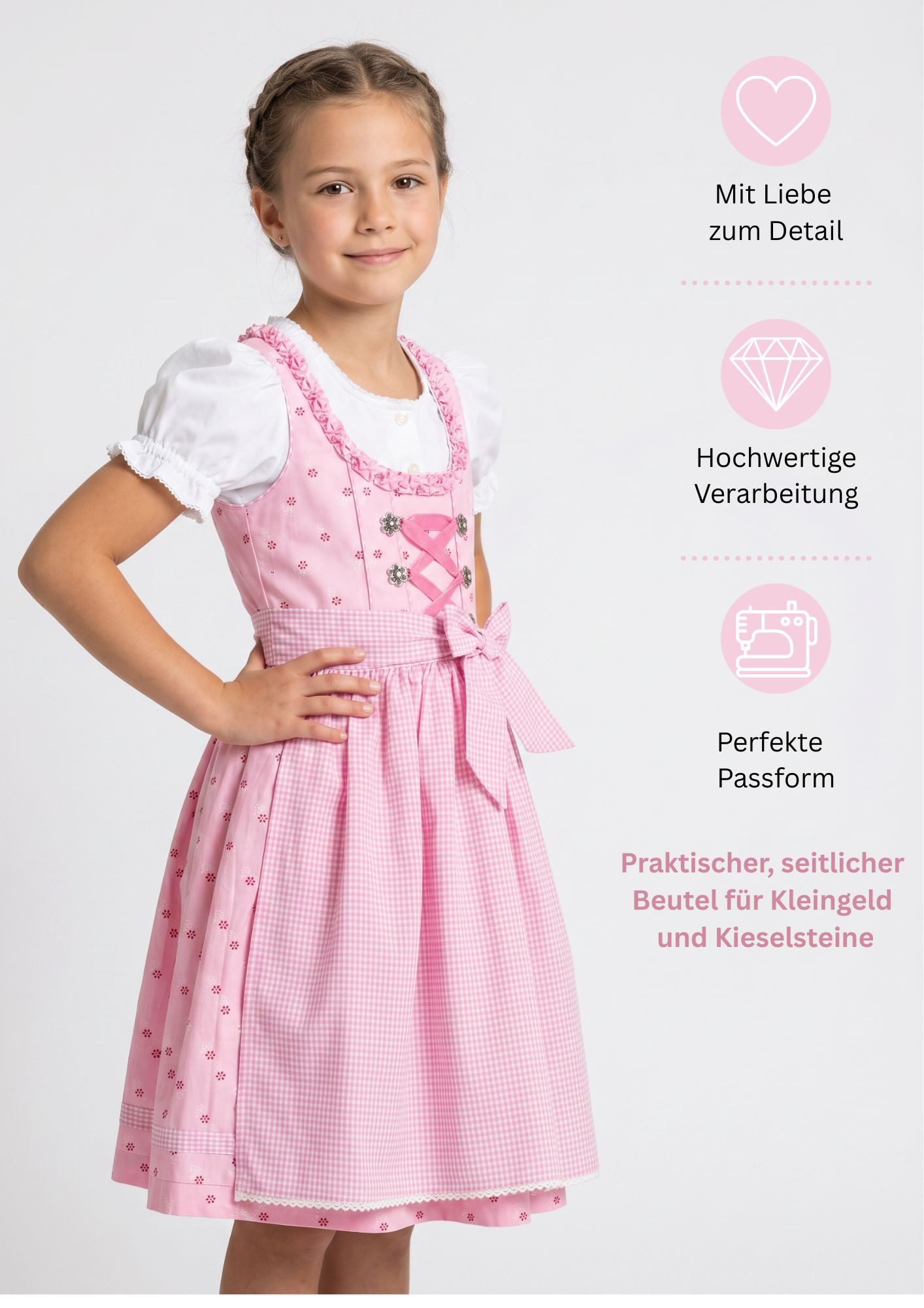 Nübler Dirndl Mädchen Dirndl im traditionellen Stil Kinder Trachten (Dirndl Set LINDA, 3-tlg., Dirndl Kleid mit Bluse und Schürze) Kinder Tracht im bayerischen Stil - Trachtenmode Kinder