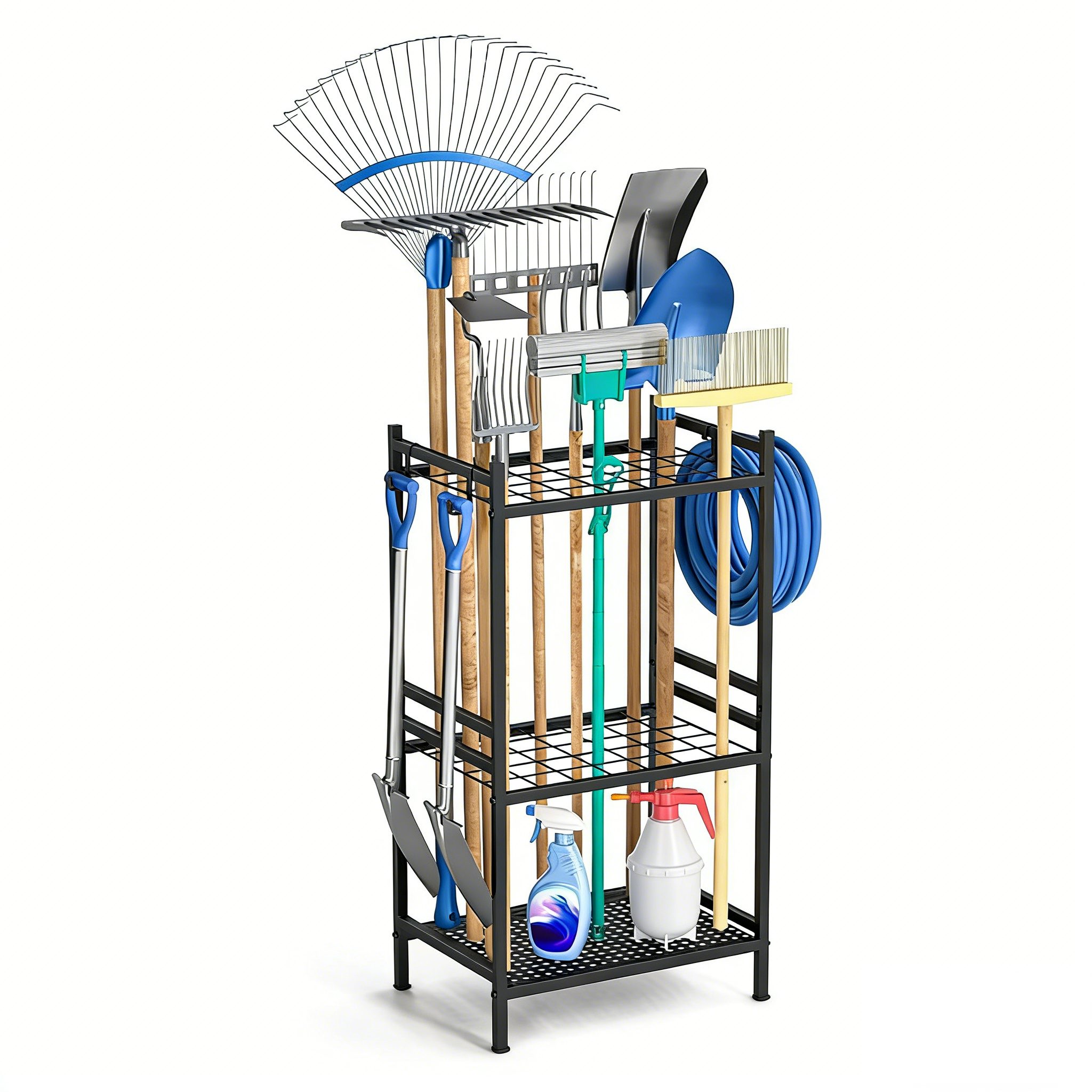 ibettertec Gartengerätehalter Gartengerätehalter mit Haken, Aufbewahrungsregal, Kohlenstoffstahl, (Aufbewahrungsregale, mehrstöckige Regale mit Haken, Geeignet für Innenhöfe und Gärten, Aufbewahrungswerkzeuge)