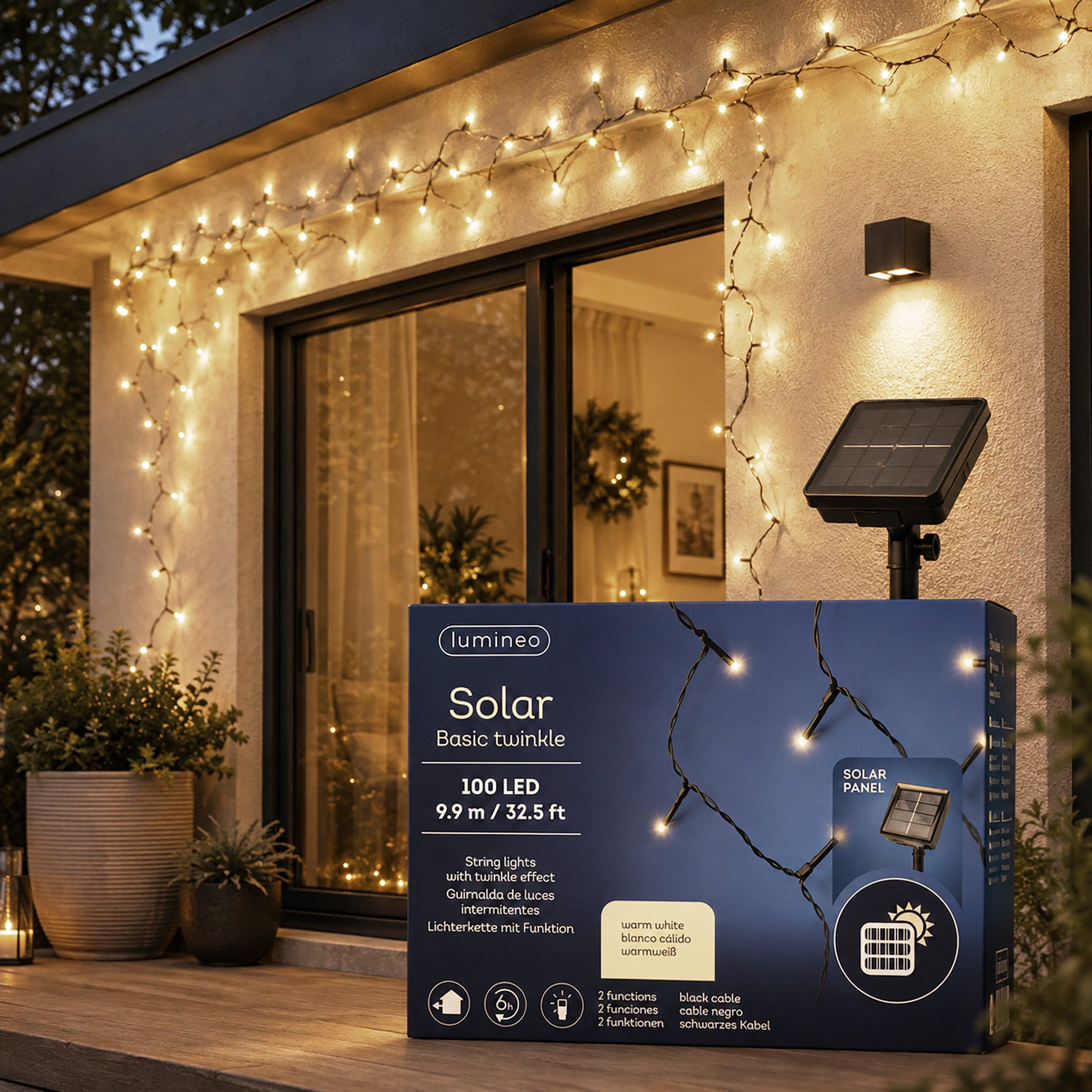 Lumineo LED-Lichterkette, Solar LED Lichterkette 9,9m Kunststoff 100 LEDs Warmweiß / Schwarz