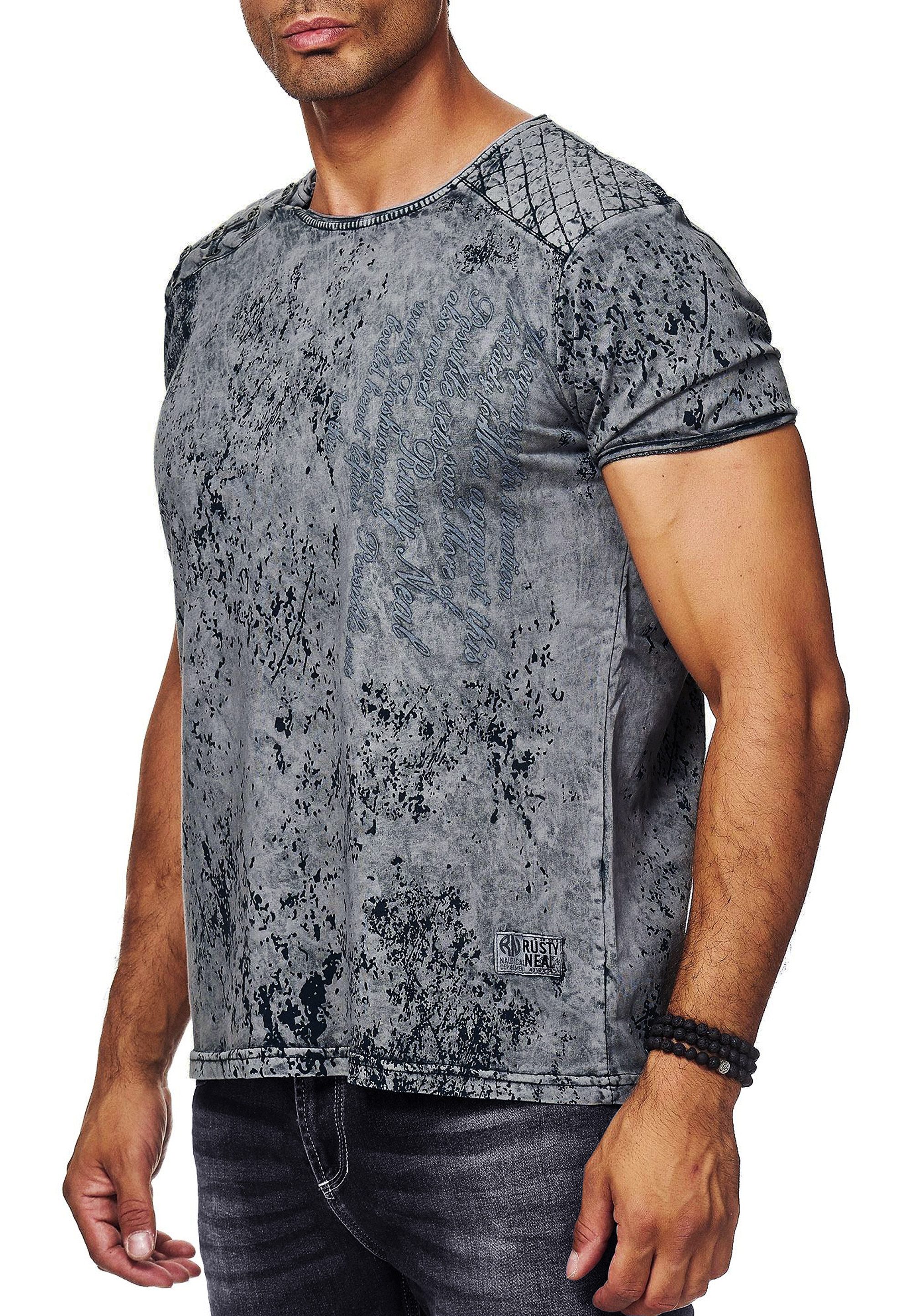 R-NEAL T-Shirt T-Shirt Rundhals mit Seitlicher Knopfleiste Verwaschen und Front Print