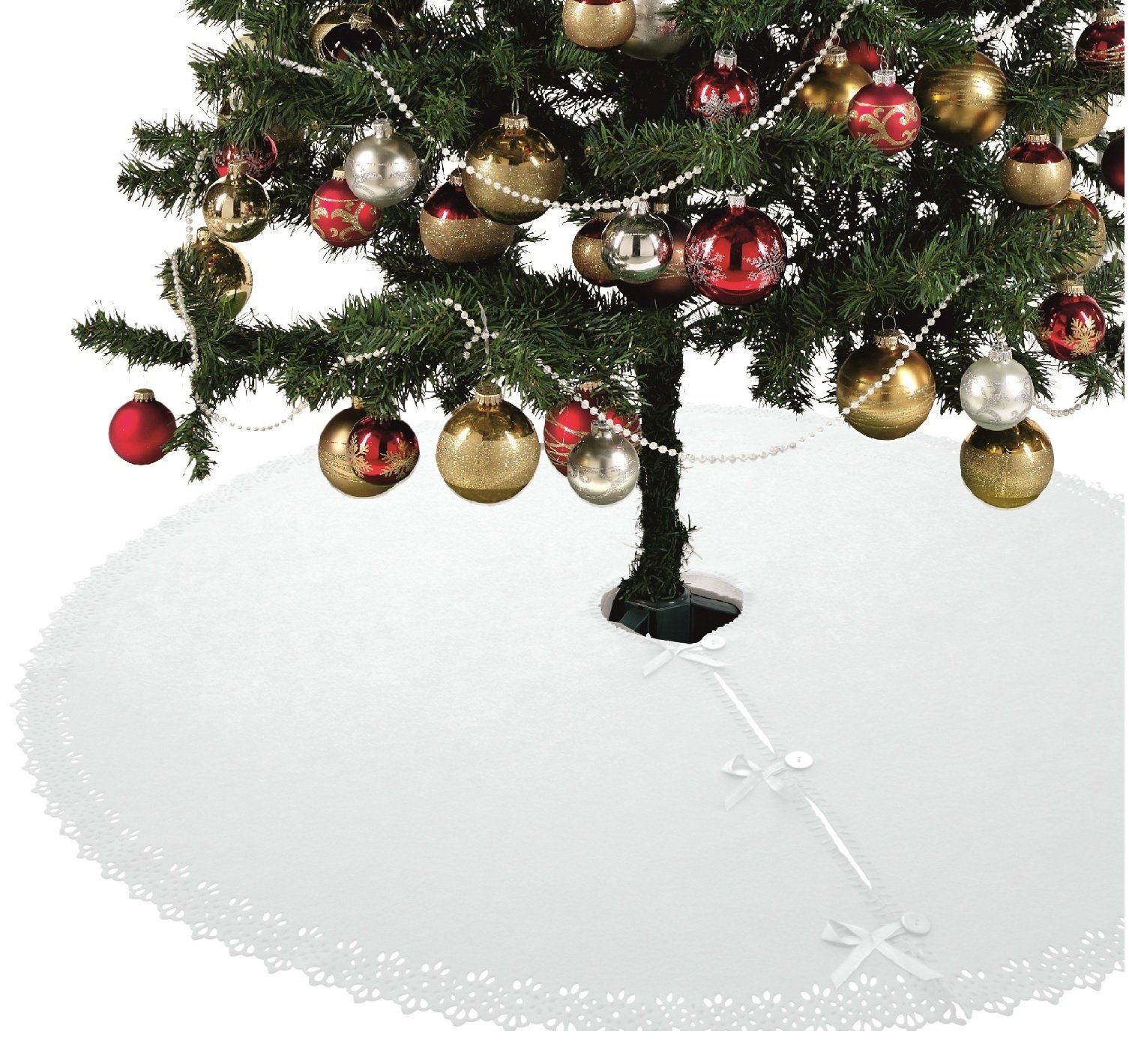 Baumteppich Weihnachtsbaumdecke / Baumunterlage mit Knöpfen & Satin-Schleifen, wometo, Rund weiß