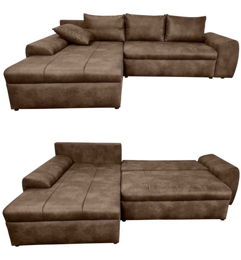 luma-home Ecksofa 18014, mit Bettfunktion 266x186 cm, Ottomane links, Federkern im Rücken, Wellenunterfederung, Bettkasten, Mikrofaser, Leder-Optik, Vintage Braun