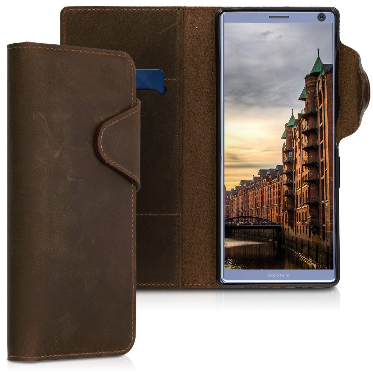 kalibri Handyhülle, Hülle kompatibel mit Sony Xperia 10 Plus - Leder  Handyhülle Handy Case Cover - Schutzhülle Lederhülle - Standfunktion  Kartenfächer