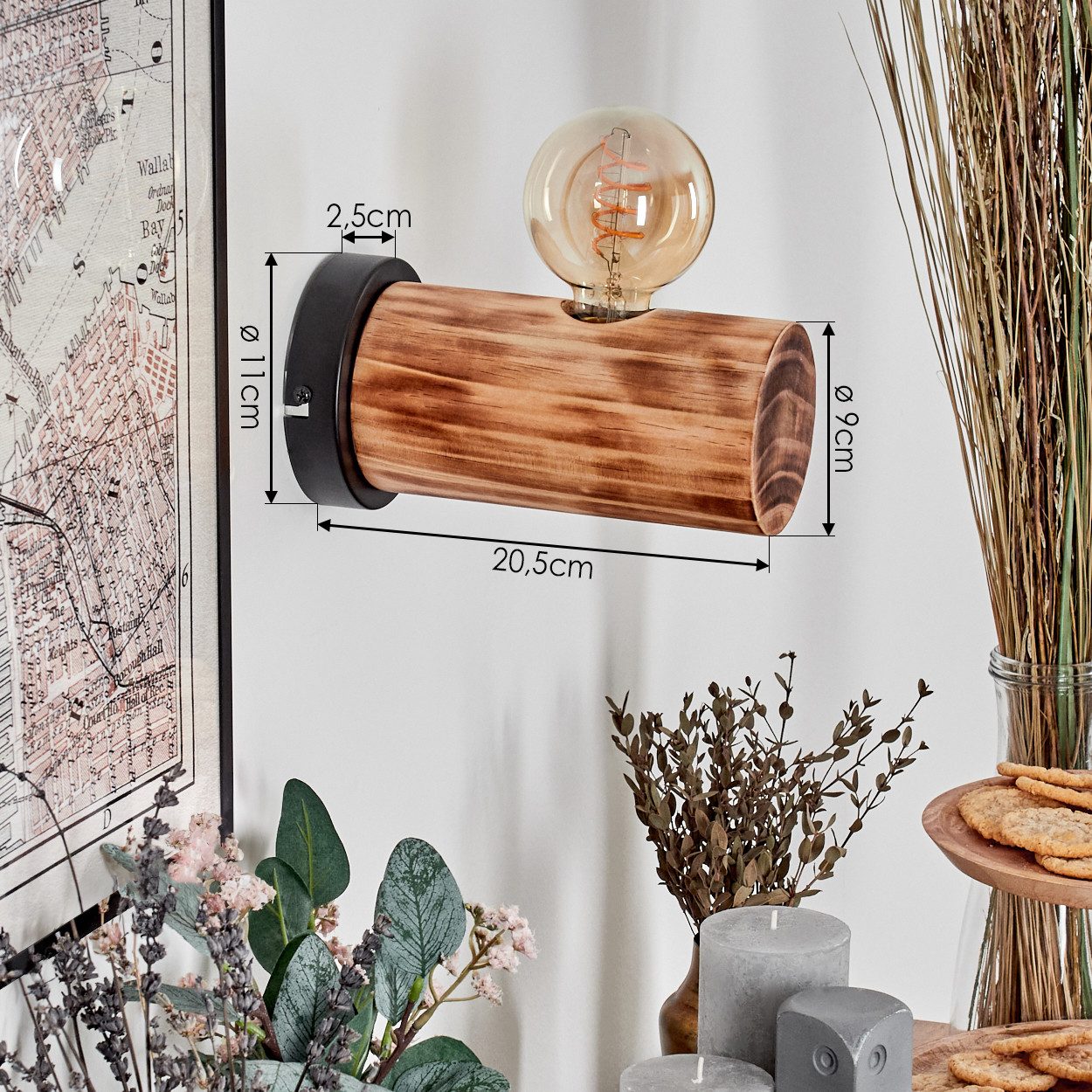 hofstein Wandleuchte Wandlampe aus Metall/Holz in Schwarz/Dunkelbraun, ohne Leuchtmittel, Leuchte im modernen / skandinavischen Design mit Holzbalken, E27