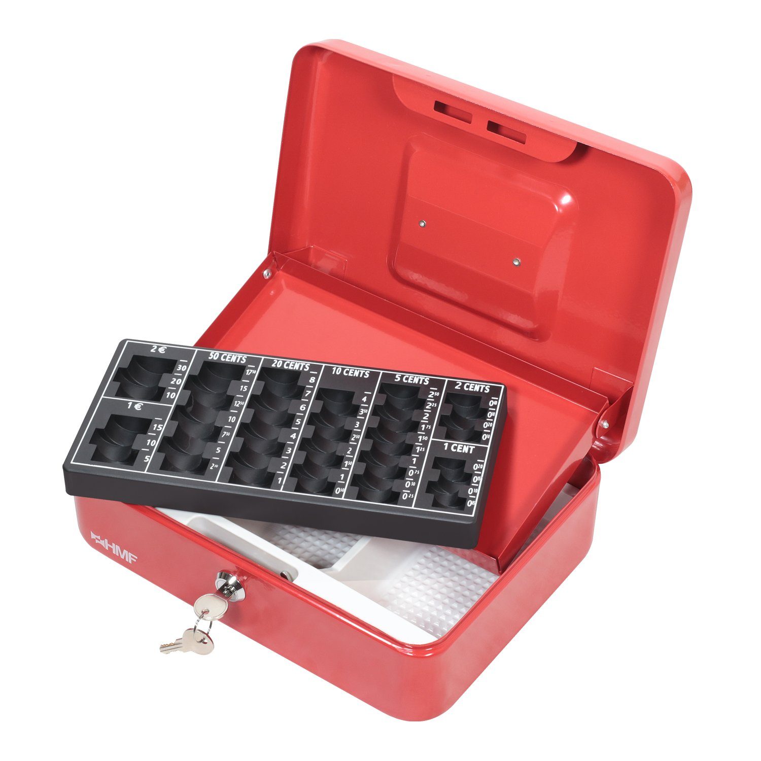 Schlüssel, robuste HMF Geldkassette Scheinfach, Bargeldkasse mit Münzzählbrett abschließbare 25x18x9 rot und mit cm Geldbox