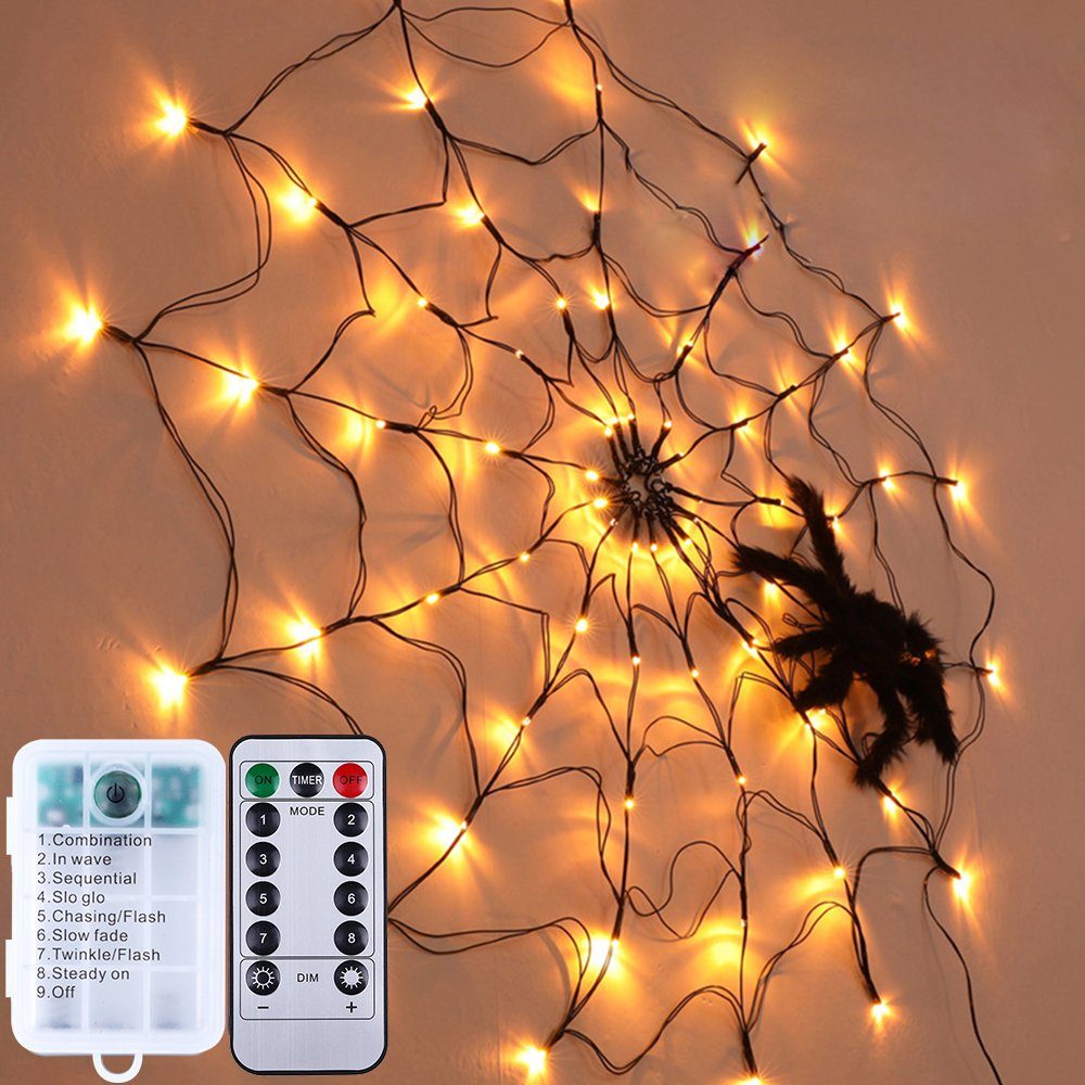 Rosnek LED-Lichterkette 1M Durchmesser, 8 Lichtmodi, für Party Hof Bar Weihnachten Deko, Zeitschaltfunktion; Spinnennetz Licht; Wasserdicht Warmweiß