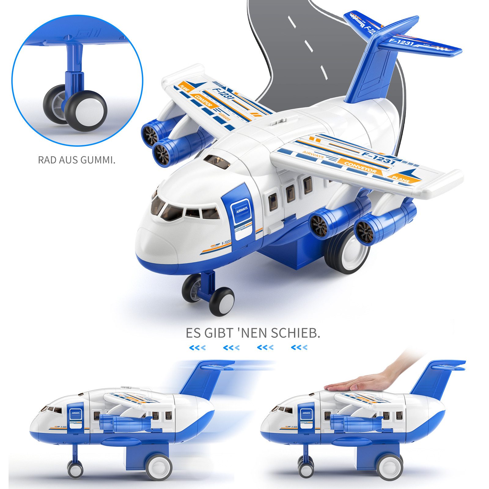 TEMI Spielzeug-Flugzeug Kinder Flugzeugspielzeug, Rennstrecken-Autospielzeug, (Set, 1 x Luftfahrzeug,8 x Kleinwagen,1 x Karte), Ausgestattet mit Ton und Licht, abnehmbare Schieberkombination