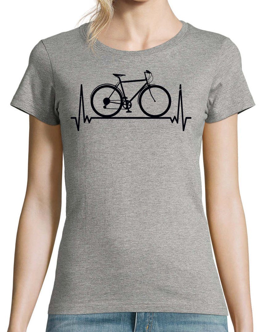 Heartbeat Frontprint trendigem mit Grau Damen Shirt Fahrrad T-Shirt Youth Designz