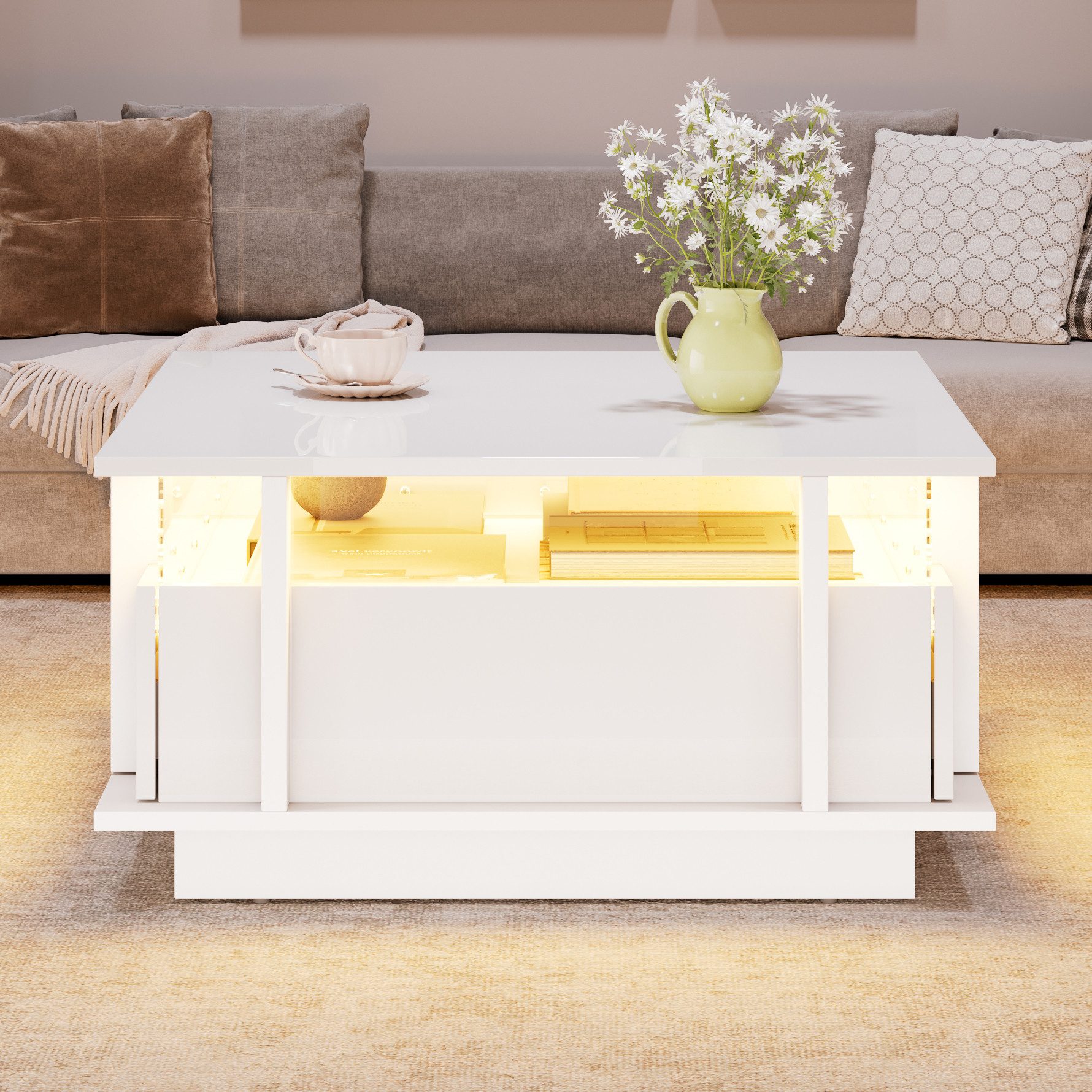 Merax Couchtisch hochglanz Sofatisch Beistelltisch mit LED-Beleuchtung (70×70×35cm, 1-St), Wohnzimmertisch mit 2 Schubladen & Transparente Acryl-Trennwand – Bild 4 von 5