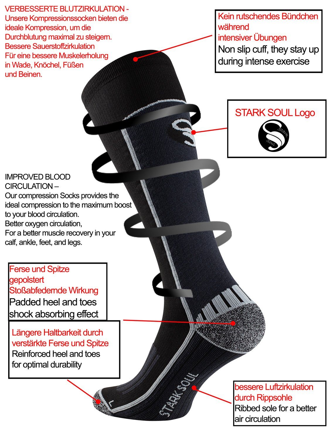 Stark Soul® Kompressionsstrümpfe Herren Formgenäht geformt ergonomisch Polsterungen mit - Gelb Kennzeichnung Kompressionssocken, Rechts-Links Sportsocken und Schwarz-Neon