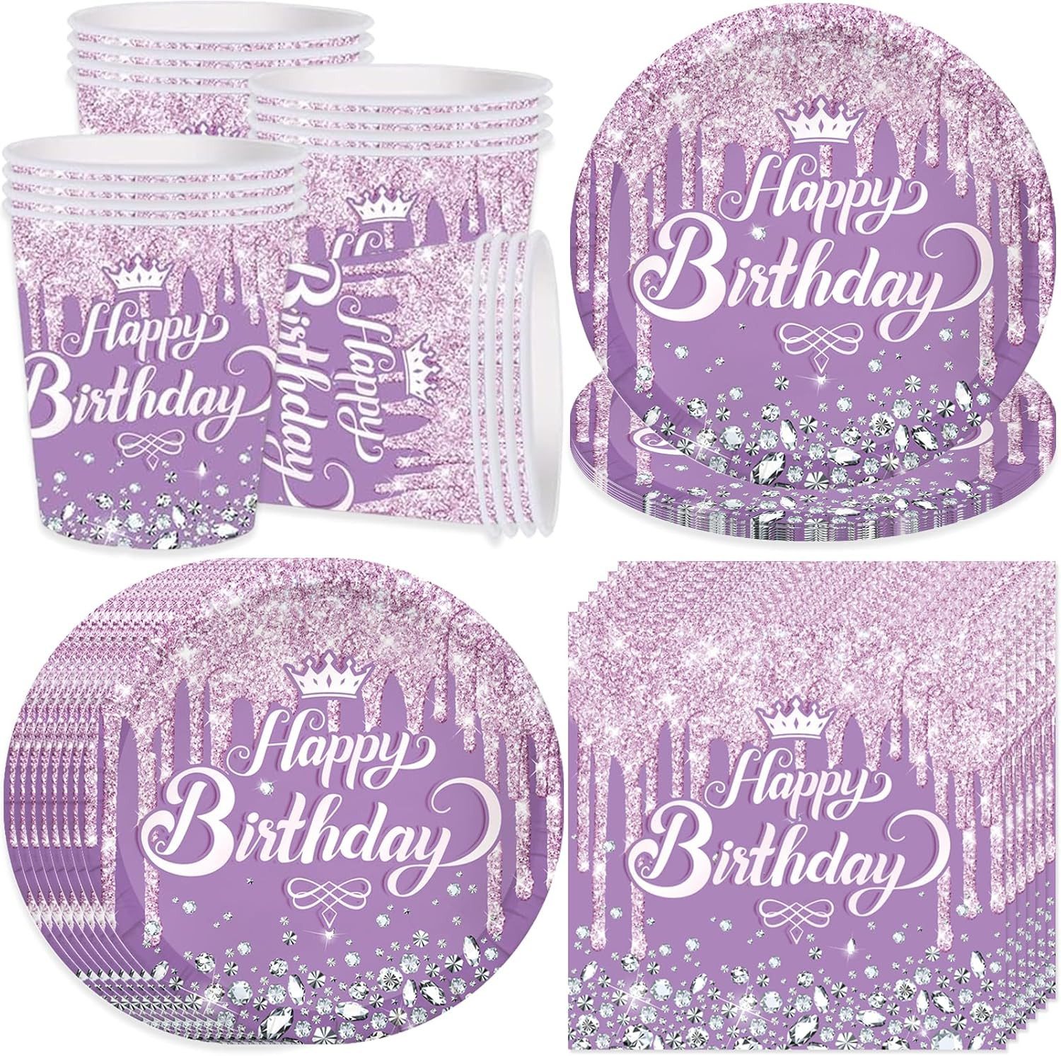 FELIXLEO Einweggeschirr-Set Lila Partygeschirr Set 16 Gäste Diamant Becher Teller (1-tlg)
