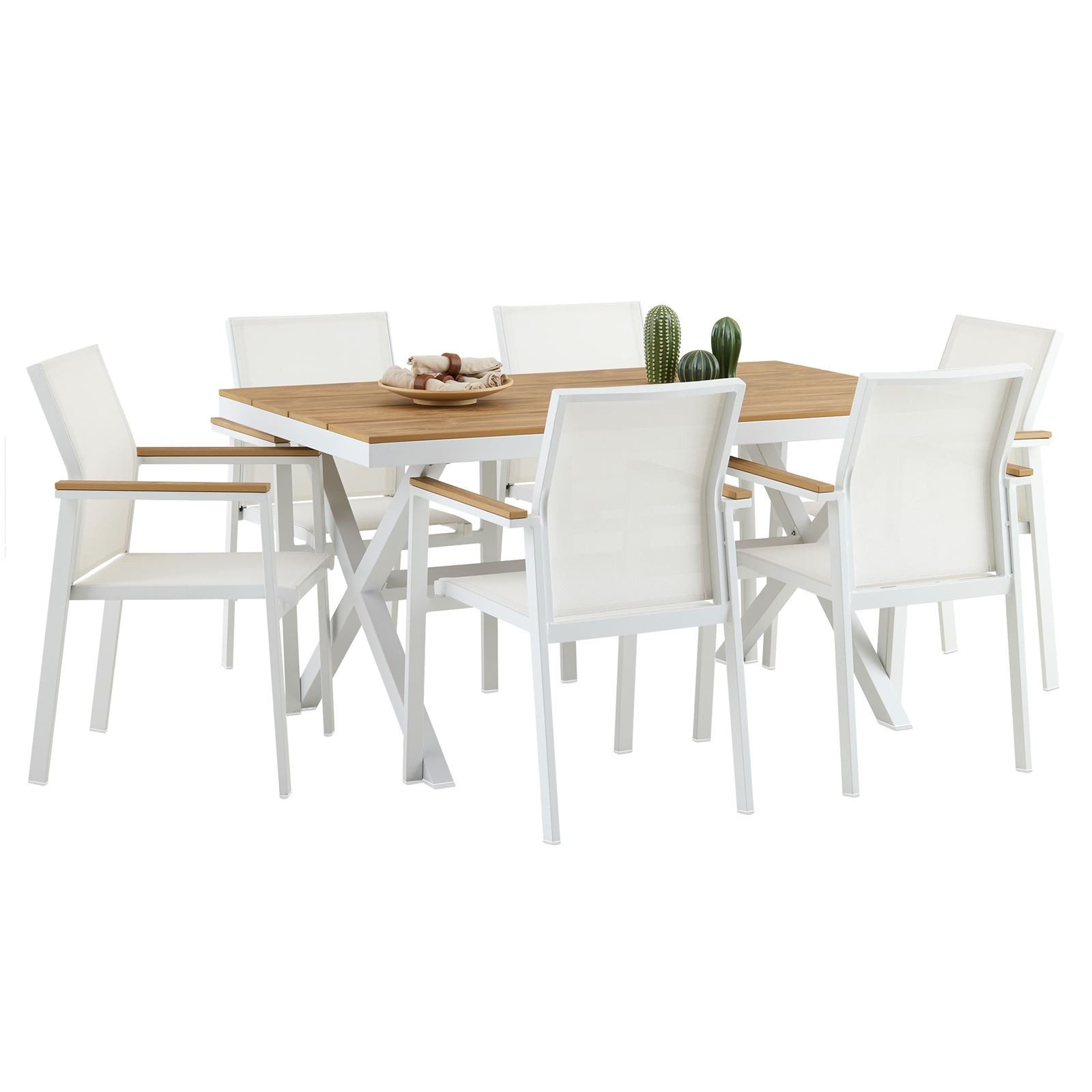 IDIMEX Garten-Essgruppe WINDY, (7-tlg), Gartenmöbel Set 6 Personen aus Alu und WPC wetterfest weiß/beige