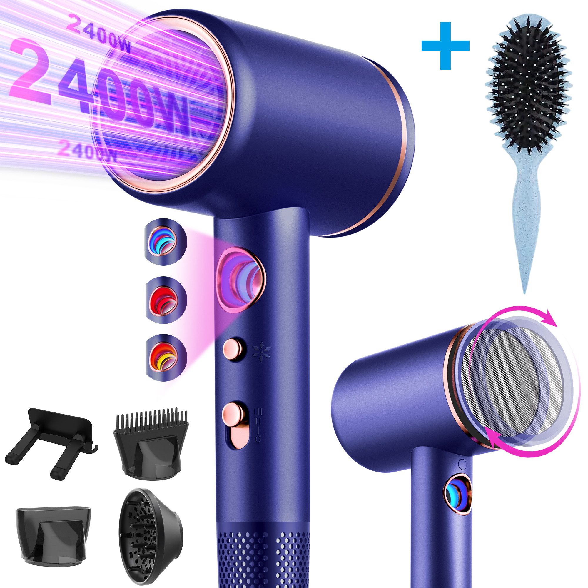 Forrlite Haartrockner 2026 Neues Haartrockner,Föhn Ionen mit Diffusor 2400W AC Motor, 2400 W, 3 Stylingdüsen Professional Ionen Haartrockner Haartrockner, Haartrockner 2400W, Professioneller Haarföhn mit 3 Hitze-Einstellungen