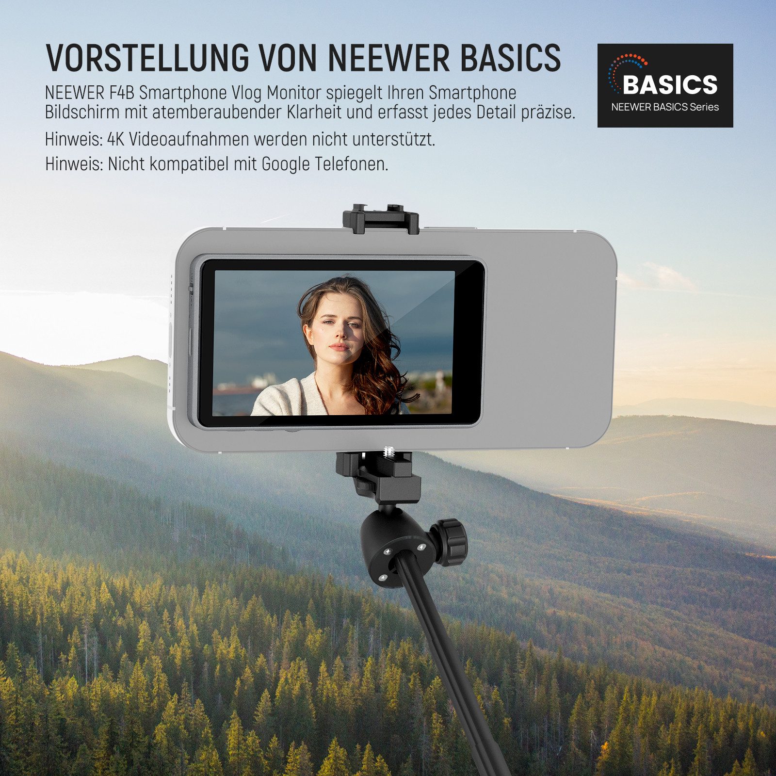Neewer Selfie-Stick F4B 4" Vlog Selfie Monitor Bildschirm kompatibel mit iPhone, Magnetisches Handy Back Cam Monitor Drahtlose Verbindung 4K Video
