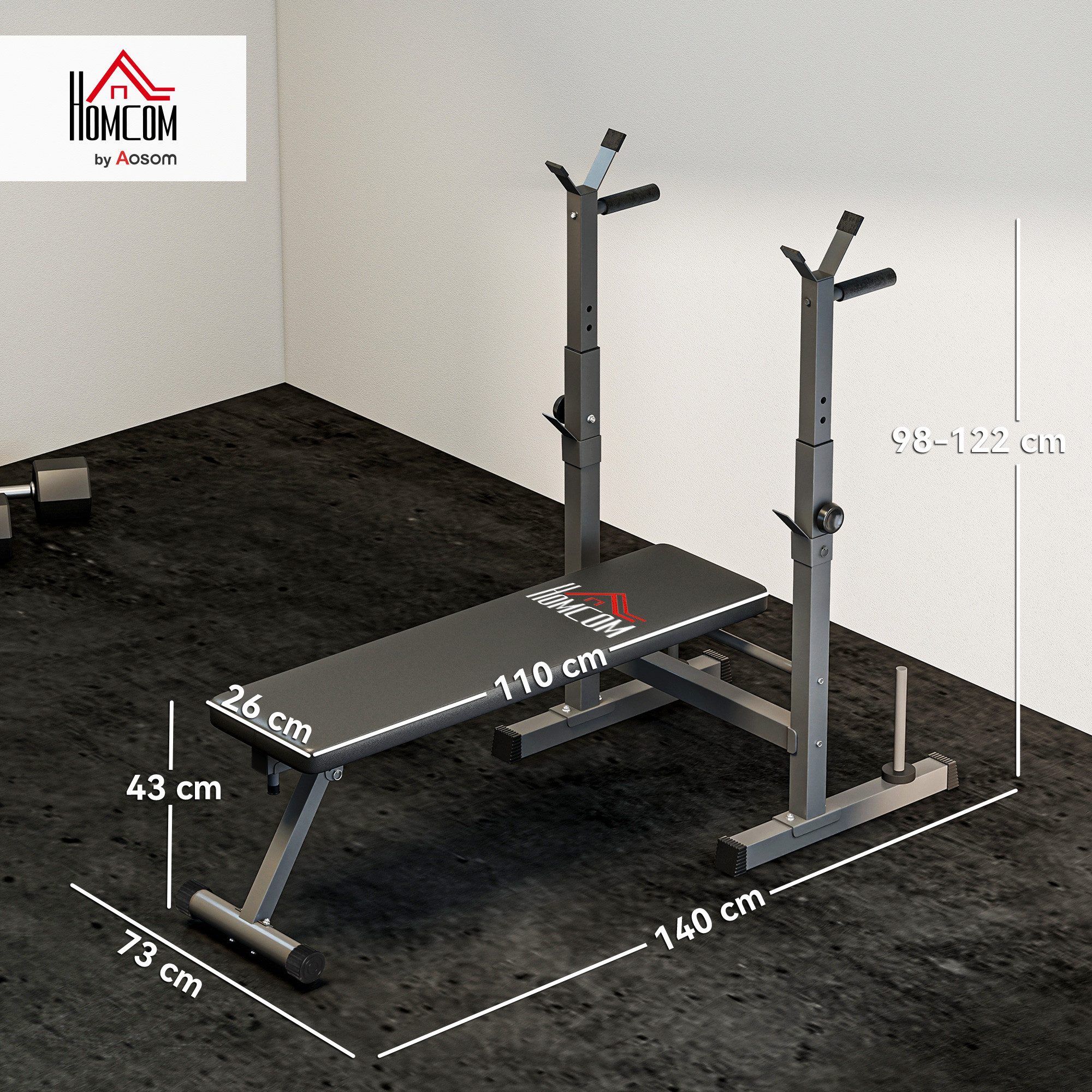 HOMCOM Hantelbank Multifunktionaler Trainingsbank mit Hantelablage, (Beinpresse, 1-tlg., Armauflage für Gewichtstraining), 140cm x 73cm x 122cm