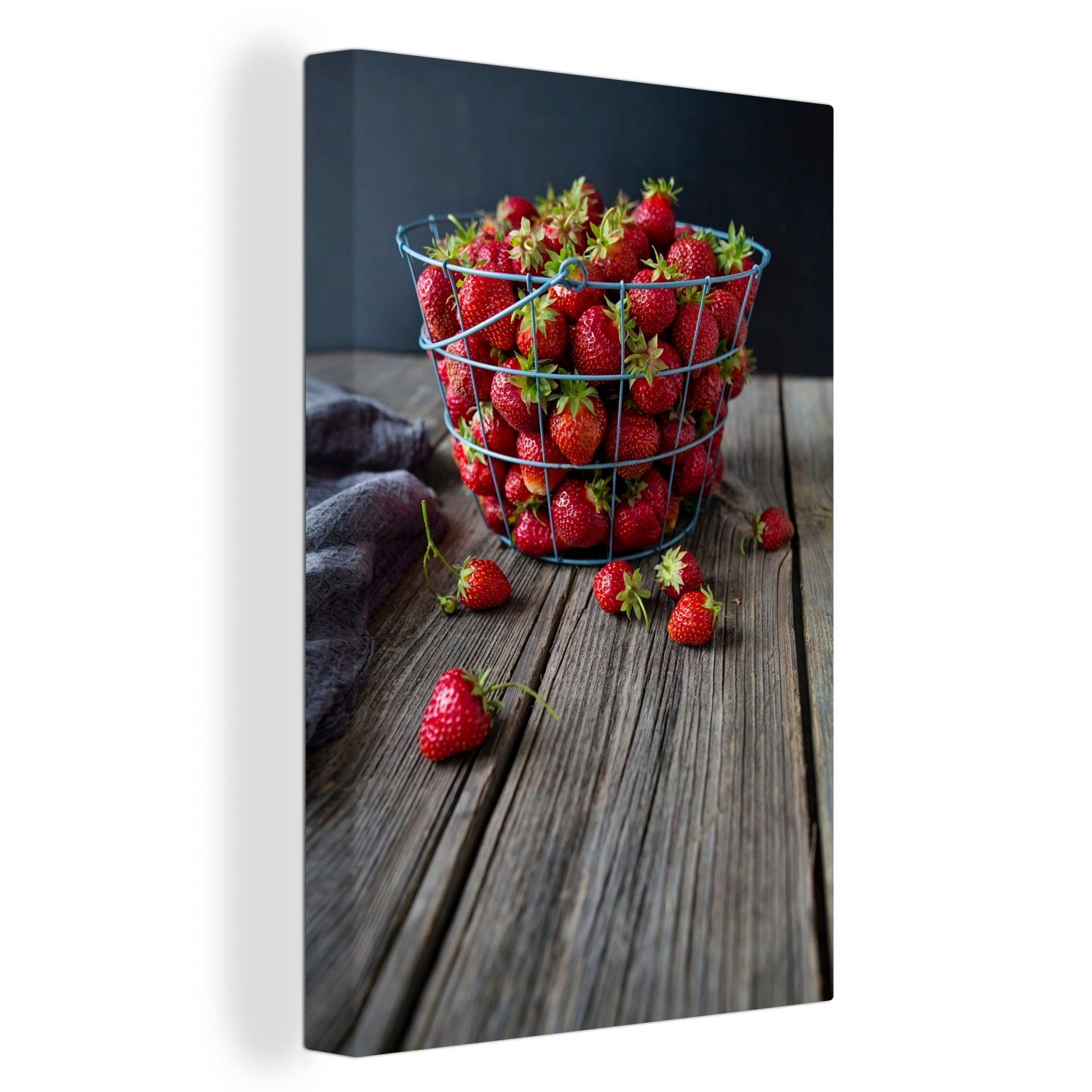 OneMillionCanvasses® Leinwandbild Erdbeere - Korb (1 cm fertig St), Tisch, Leinwandbild inkl. - bespannt Gemälde, 20x30 Zackenaufhänger