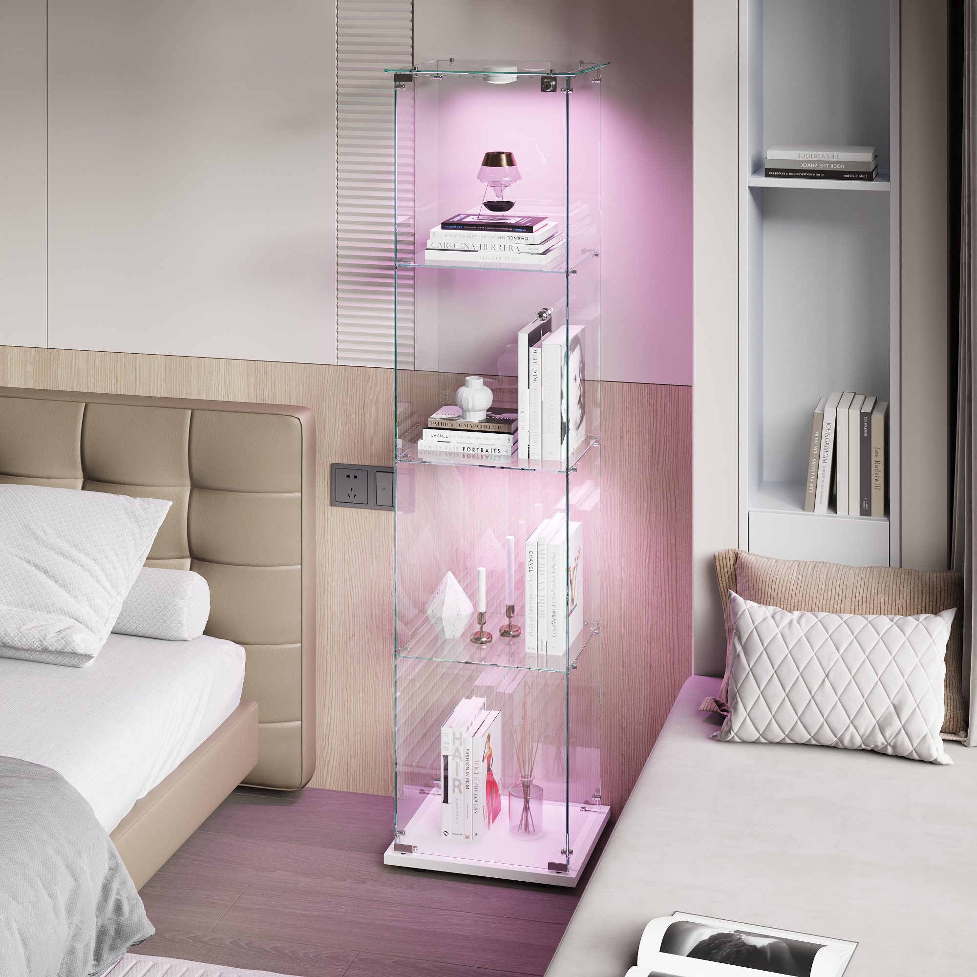 FUROKOY Glasvitrine Standvitrinen, Vitrine aus gehärtetem Glas (Vitrinenschrank mit 1 Glastür und Beleuchtung für Sammler, Bücher) 4 Lagen Sammlervitrine, Weiß