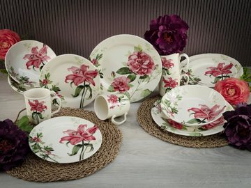 CreaTable Kombiservice Geschirr-Set Rosemary (16-tlg), 4 Personen, Steingut, Service, Rosen/Blumendekor, 16 Teile, für 4 Personen