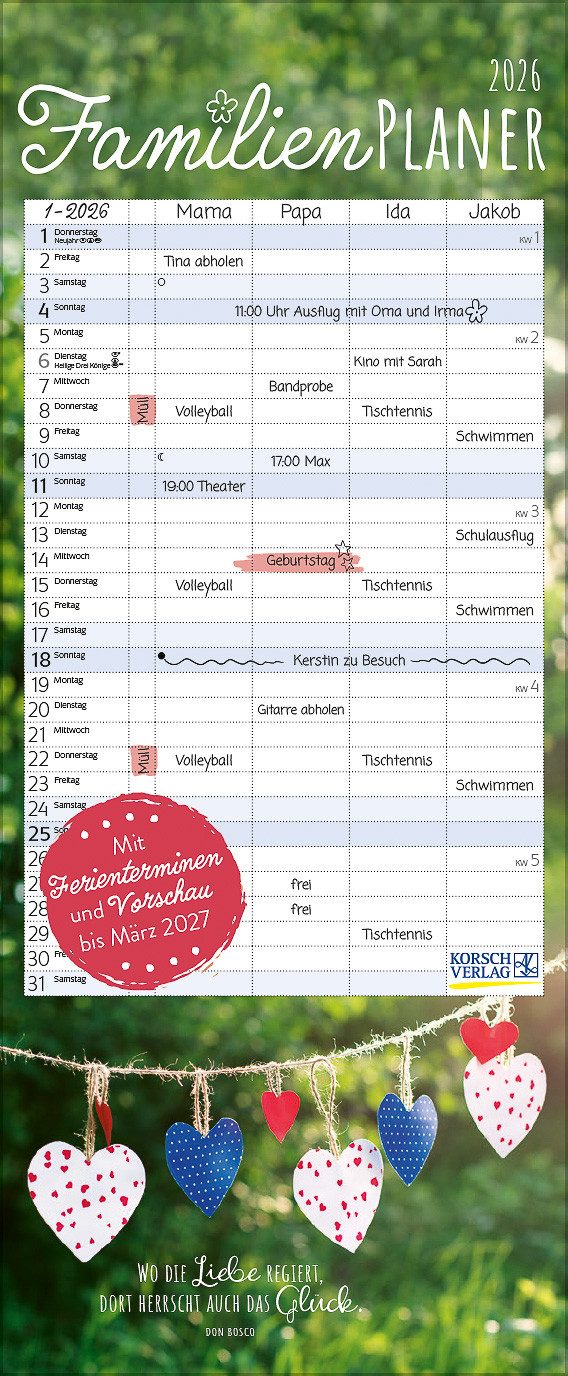 Korsch Verlag Familienkalender Korsch Kalender Familienplaner mit Fotos und Zitaten 2026
