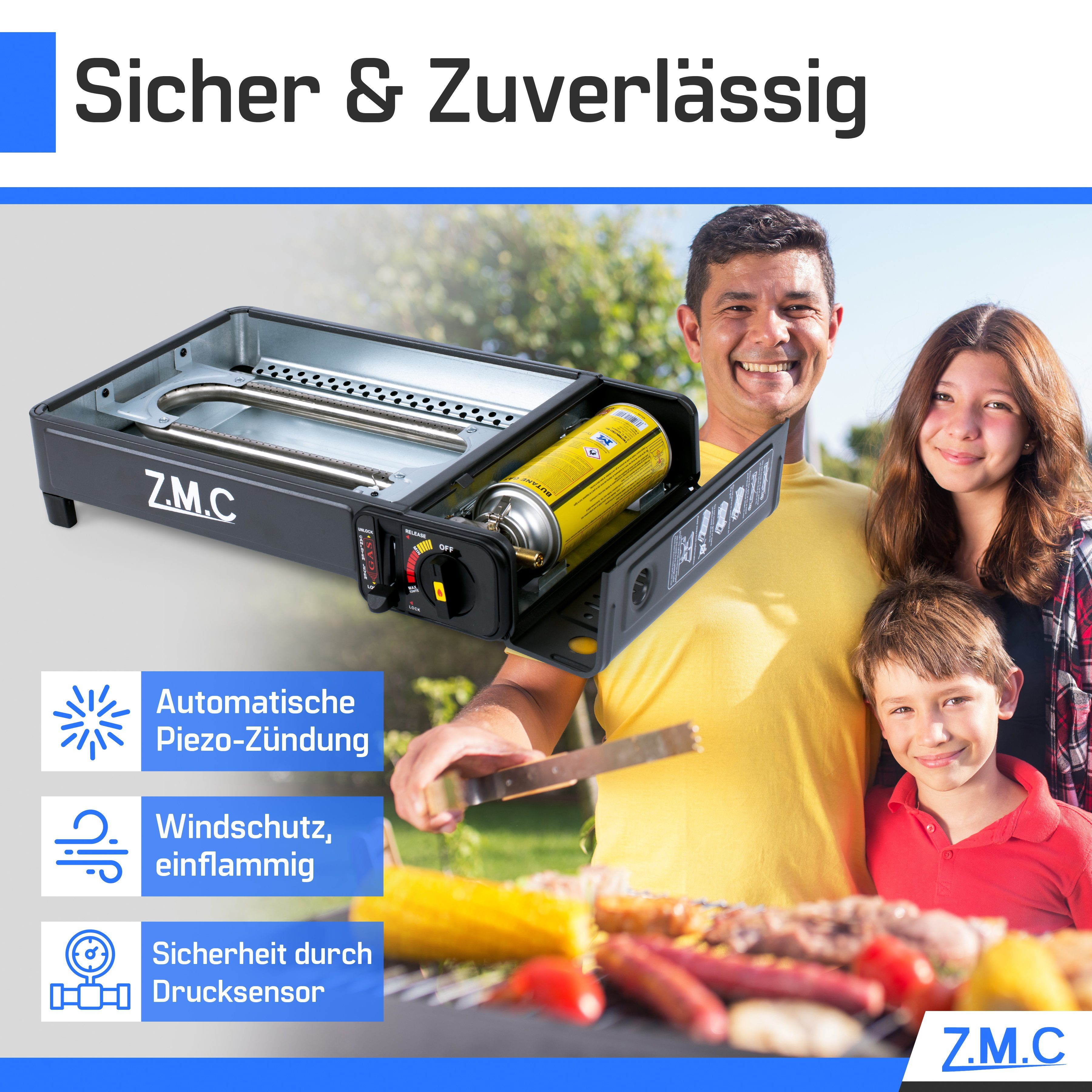 ZMC Gaskocher 2-in-1 Gaskocher inkl. Zubehör einflammiger Camping-Kocher, (mit Grillplatte + Grillrost, stufenlos regulierbar, Tischgrill), mit Tragekoffer, 3,8 – Bild 3 von 5