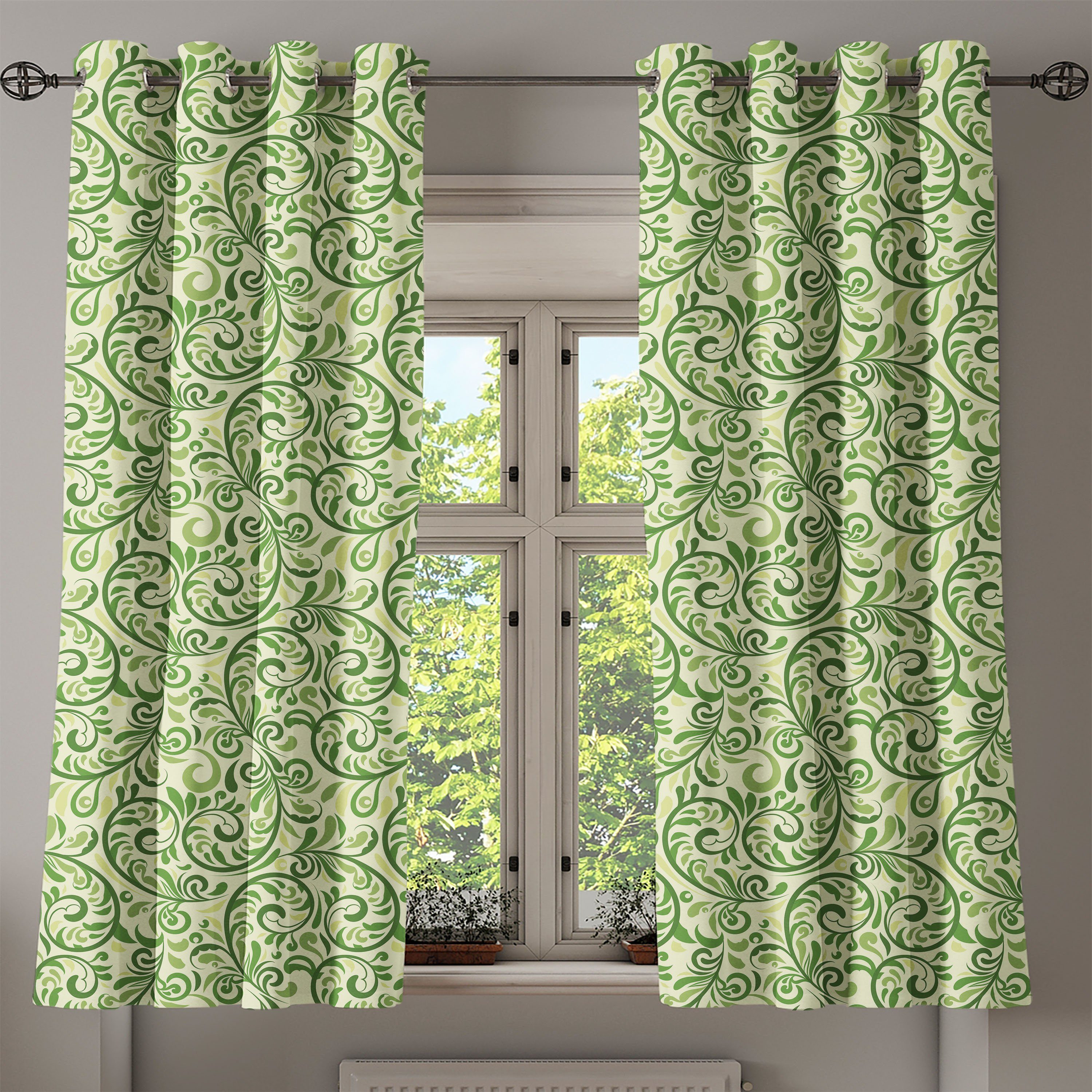 Gardine Dekorative Blatt Curly Wohnzimmer, Aufwändiger Abakuhaus, für Damast Schlafzimmer 2-Panel-Fenstervorhänge Grün