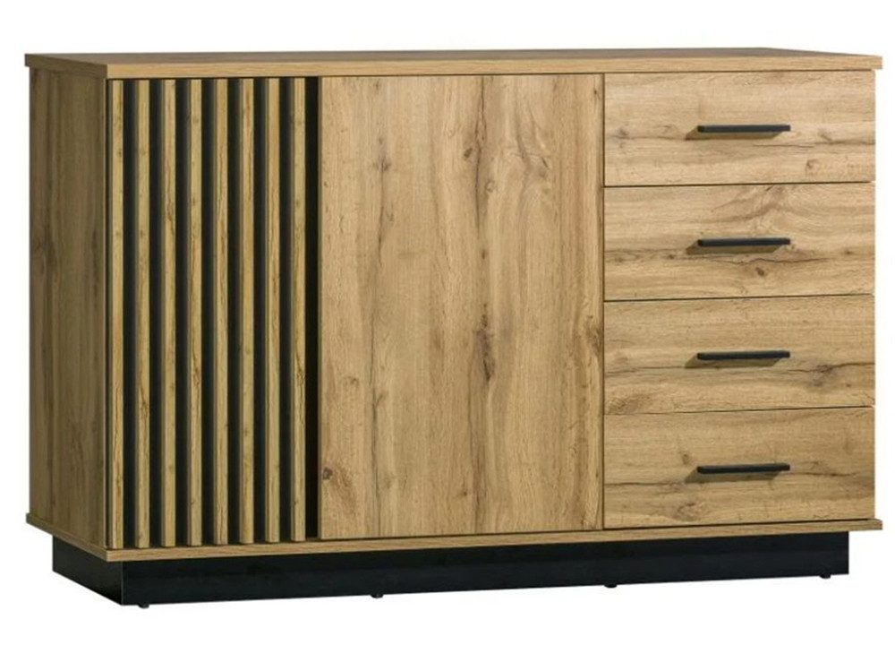 Beautysofa Wohnwand LAMELO Design Loft Möbelset, (Wohnzimmer Set 4-teilig Eiche Wotan+Schwarz, TV-Schrank Kommode Hochkommode Wandregal), mit Lamellen