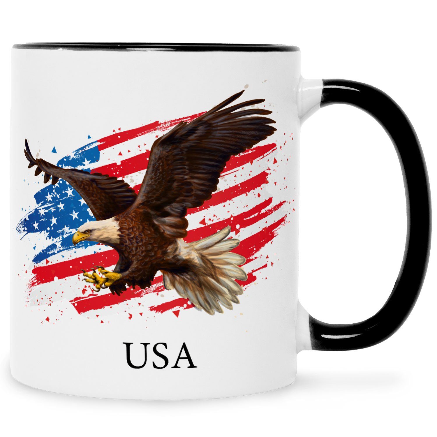 GRAVURZEILE Tasse Bedruckt mit Motiv - USA - Für Amerika Fans, Keramik, Ländertasse mit Flagge & Adler - Geschenk Souvenir mit American Flag Schwarz Weiß