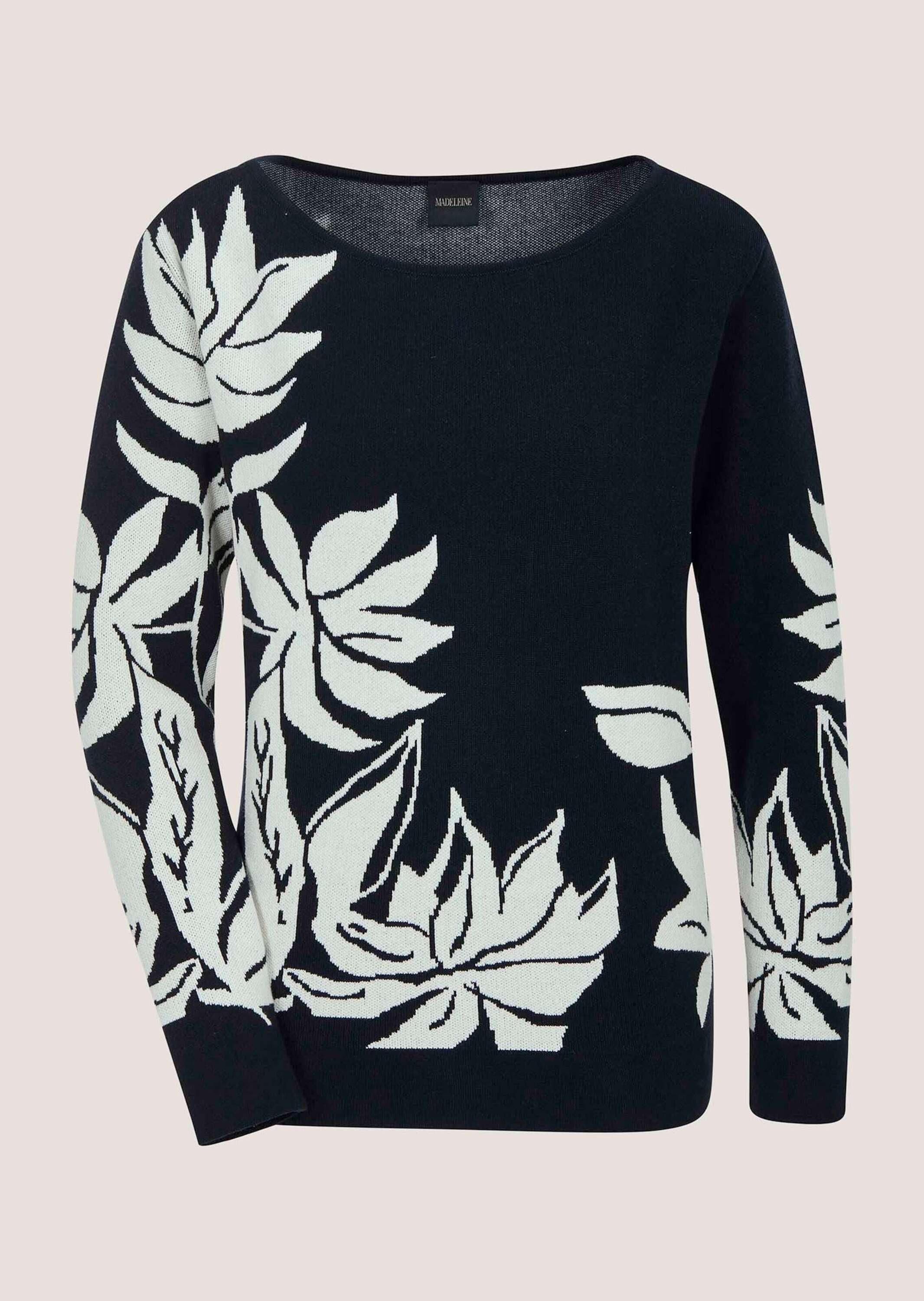 MADELEINE Strickpullover Jacquardpullover mit floralem Muster Sommerpullover mit U-Boot-Ausschnitt und Langarm