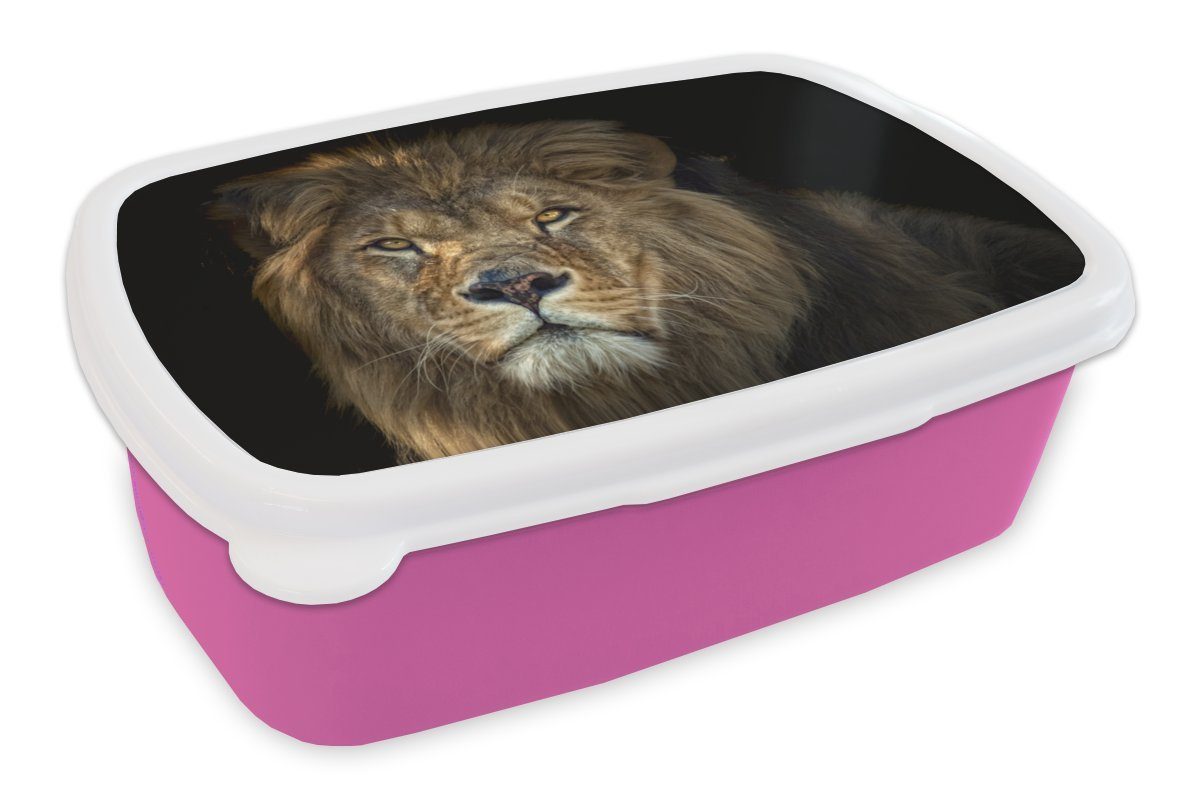 Schwarz Brotdose Lunchbox Kinder, (2-tlg), Erwachsene, - Tiere, Löwe Kunststoff MuchoWow rosa Kunststoff, Wilde - für Mädchen, Snackbox, Brotbox