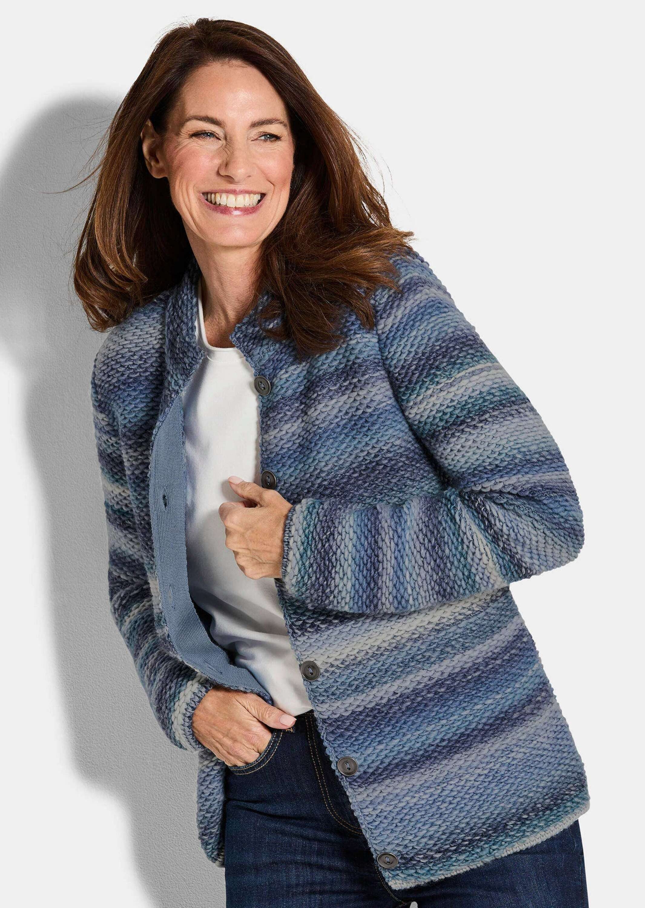 GOLDNER Strickjacke Multicolor Woll-Jacke mit Stehkragen Hüftlanger Schurwo günstig online kaufen