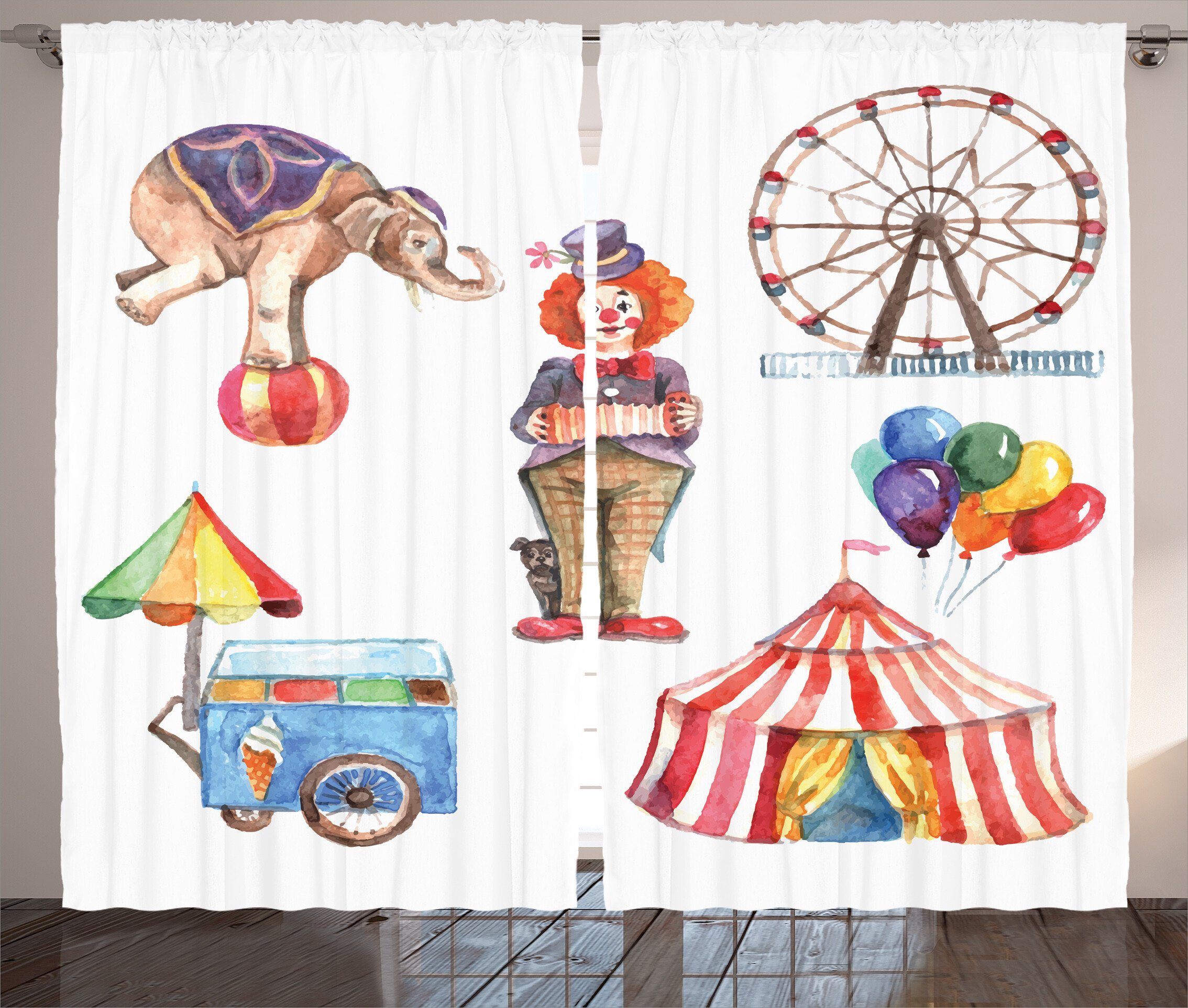 Gardine Schlafzimmer Kräuselband Vorhang mit Schlaufen und Haken, Abakuhaus, Bunt Clown Elephant Circus