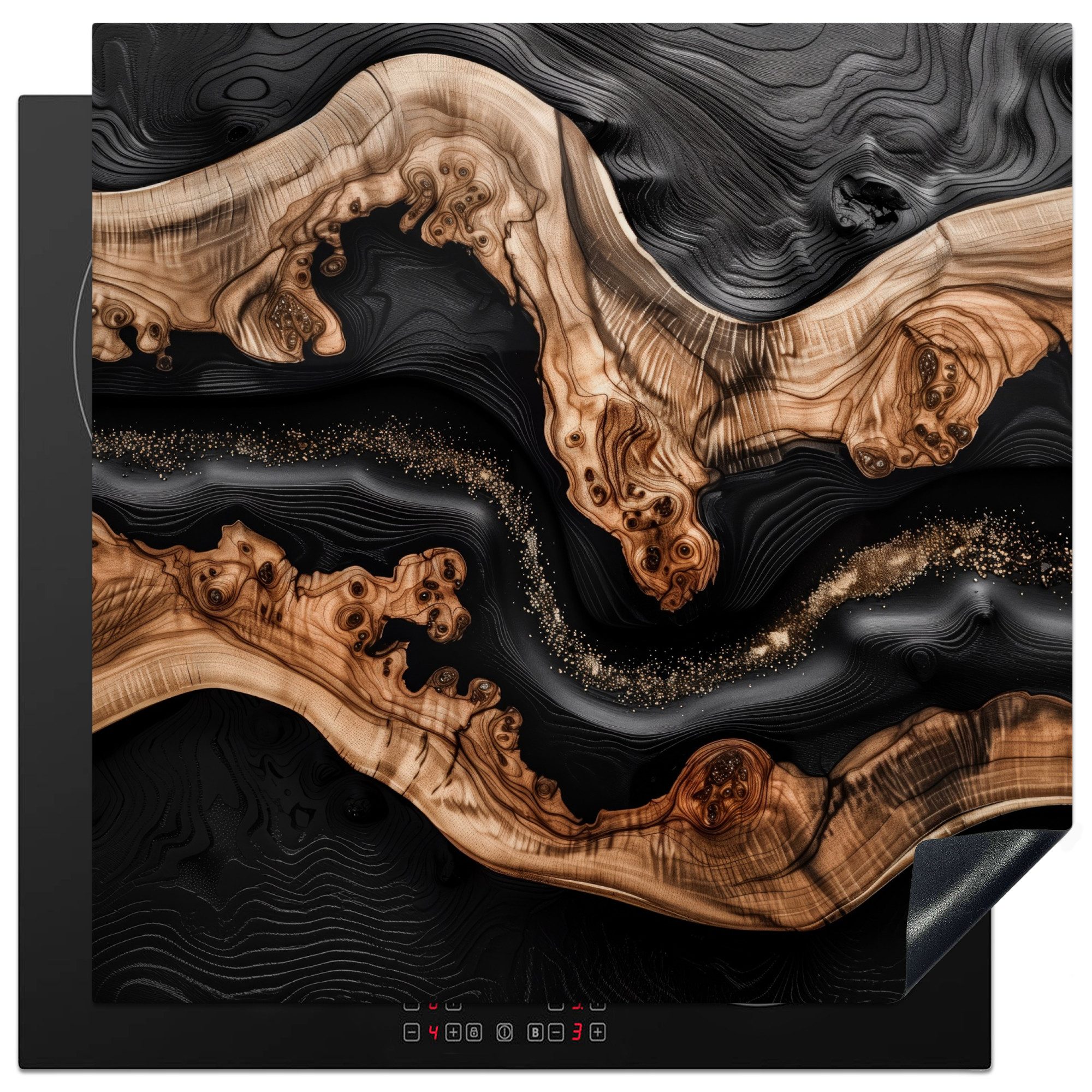MuchoWow Herd-Abdeckplatte Schwarz - Braun - Holzmotiv, Vinyl, (1 tlg), Küche Herdabdeckung Ceranfeld Induktionsfeld Vinyl, 60x60 cm
