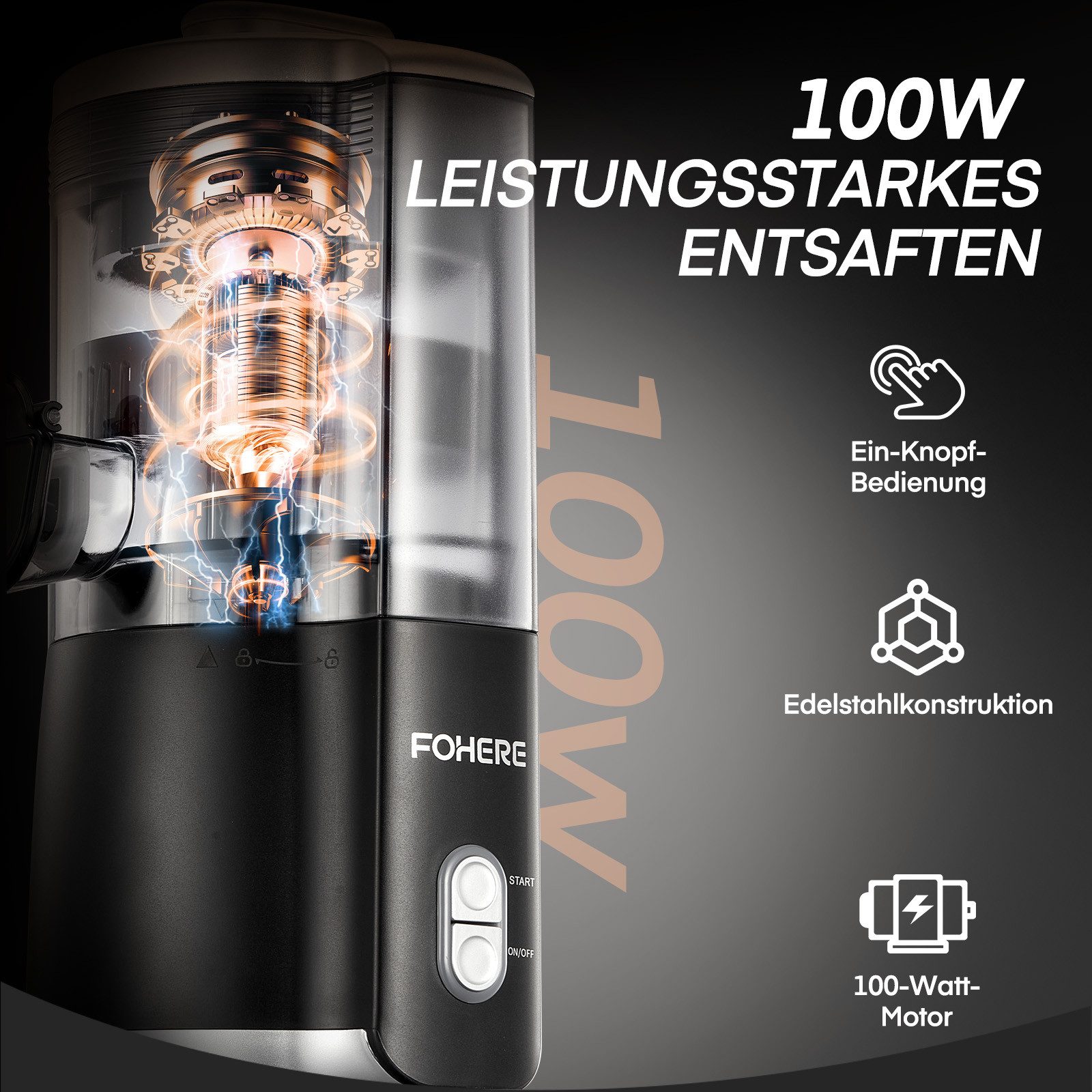 FOHERE Zitruspresse Elektrische Zitruspresse, 100W Leiser Motor, BPA-frei, 2 Presskegeln, 100 W, mit tropffreier Düse, aus BPA-freiem ABS-Material